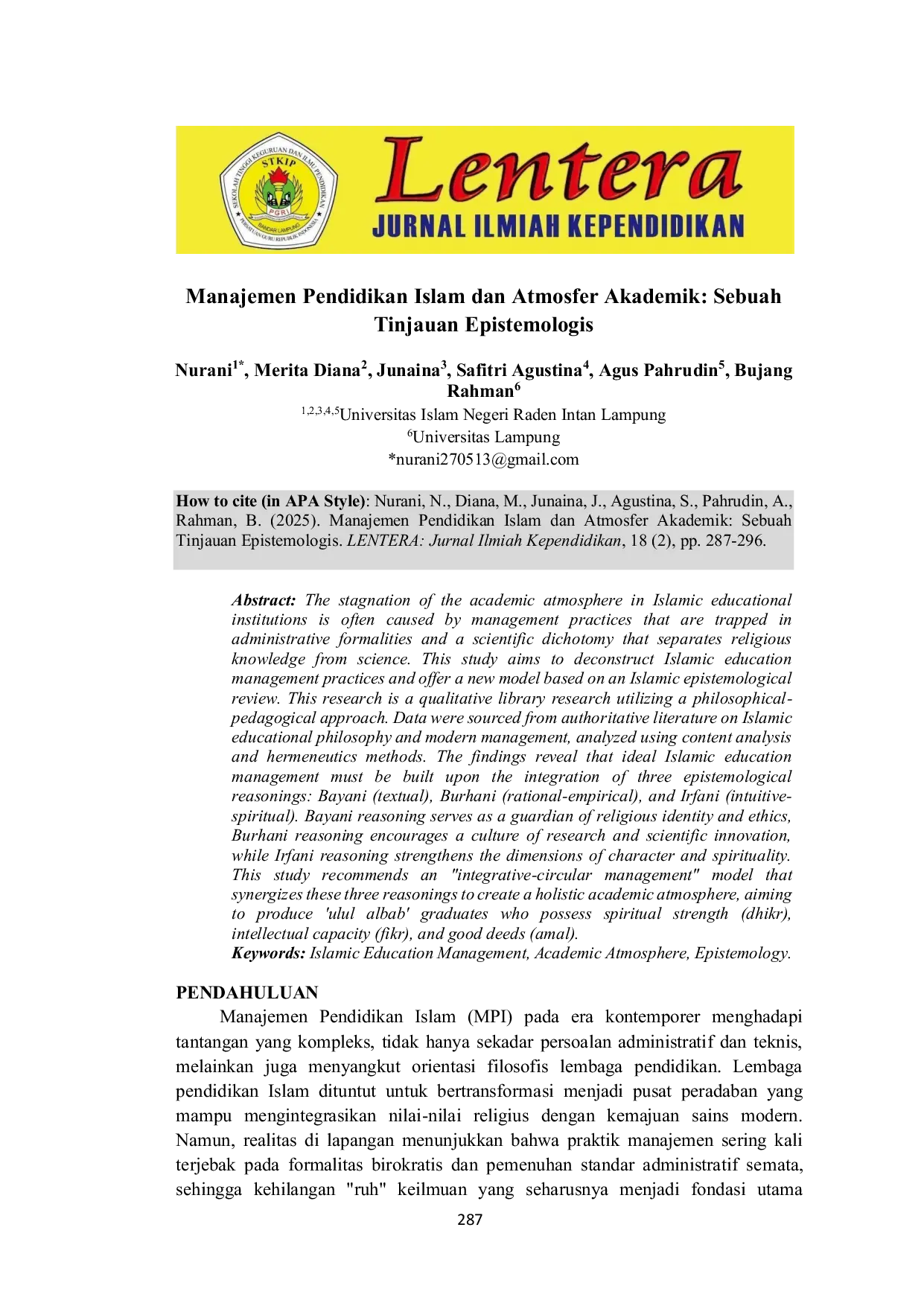 JURIS Manajemen Pendidikan Islam dan Atmosfer Akademik Sebuah Tinjauan Epistemologis