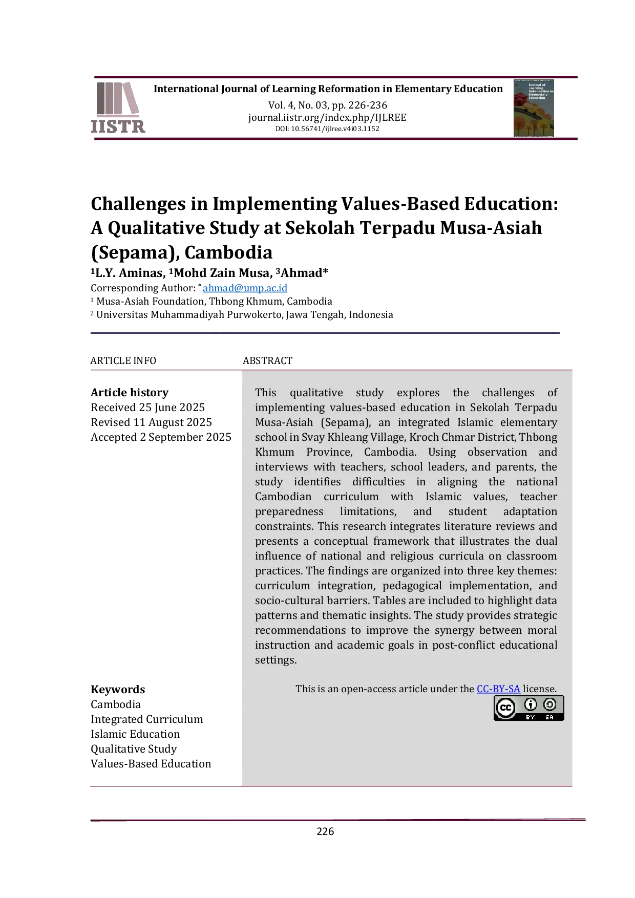 JURIS Challenges in Implementing Values Based Education A Qualitative Study at Sekolah Terpadu Musa Asiah Sepama Cambodia
