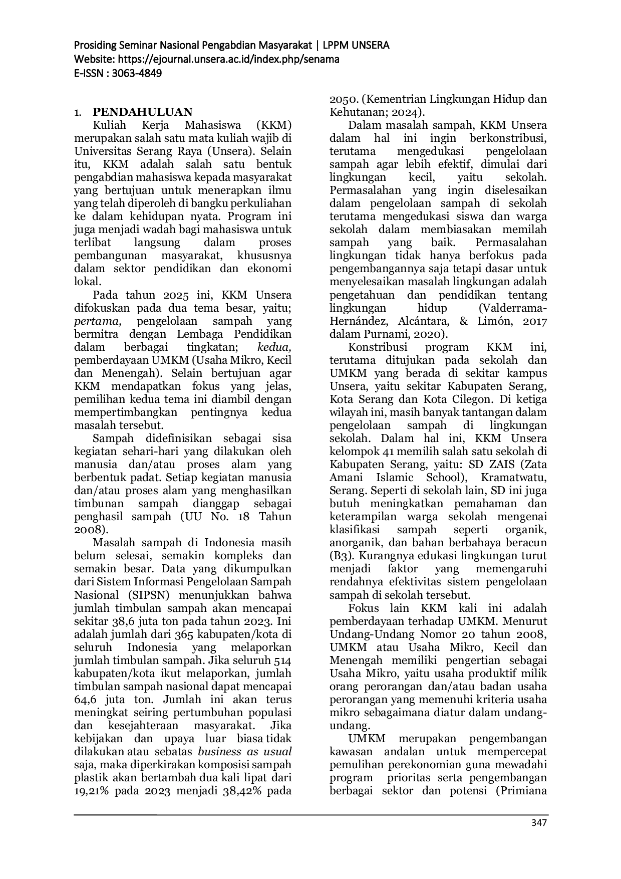 JURIS PENGELOLAAN SAMPAH DI SEKOLAH DAN PEMBERDAYAAN EKONOMI UMKM UNTUK PEMBANGUNAN BERKELANJUTAN