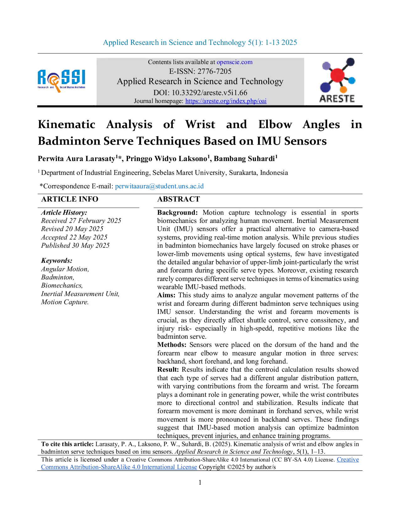 JURIS Kinematic Analysis of Wrist and Elbow Angles in Badminton Serve Techniques Based on IMU Sensors