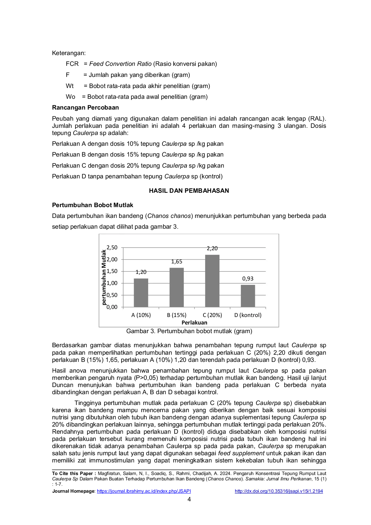 JURIS Pengaruh Konsentrasi Tepung Rumput Laut Caulerpa Sp Dalam Pakan Buatan Terhadap Pertumbuhan Ikan Bandeng Chanos Chanos