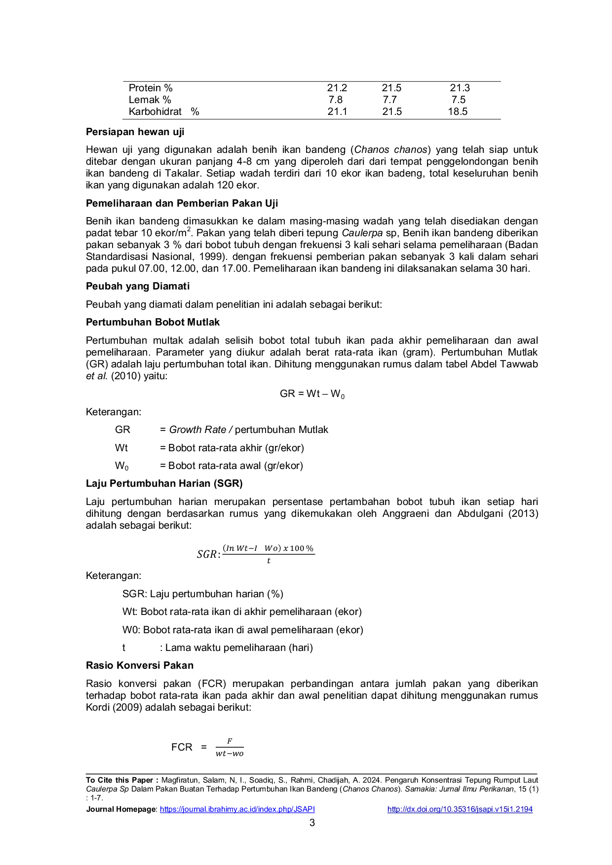 JURIS Pengaruh Konsentrasi Tepung Rumput Laut Caulerpa Sp Dalam Pakan Buatan Terhadap Pertumbuhan Ikan Bandeng Chanos Chanos