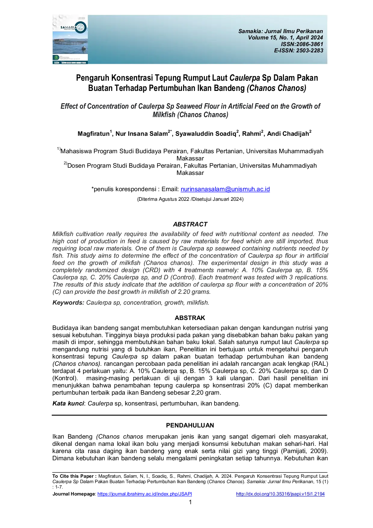 JURIS Pengaruh Konsentrasi Tepung Rumput Laut Caulerpa Sp Dalam Pakan Buatan Terhadap Pertumbuhan Ikan Bandeng Chanos Chanos