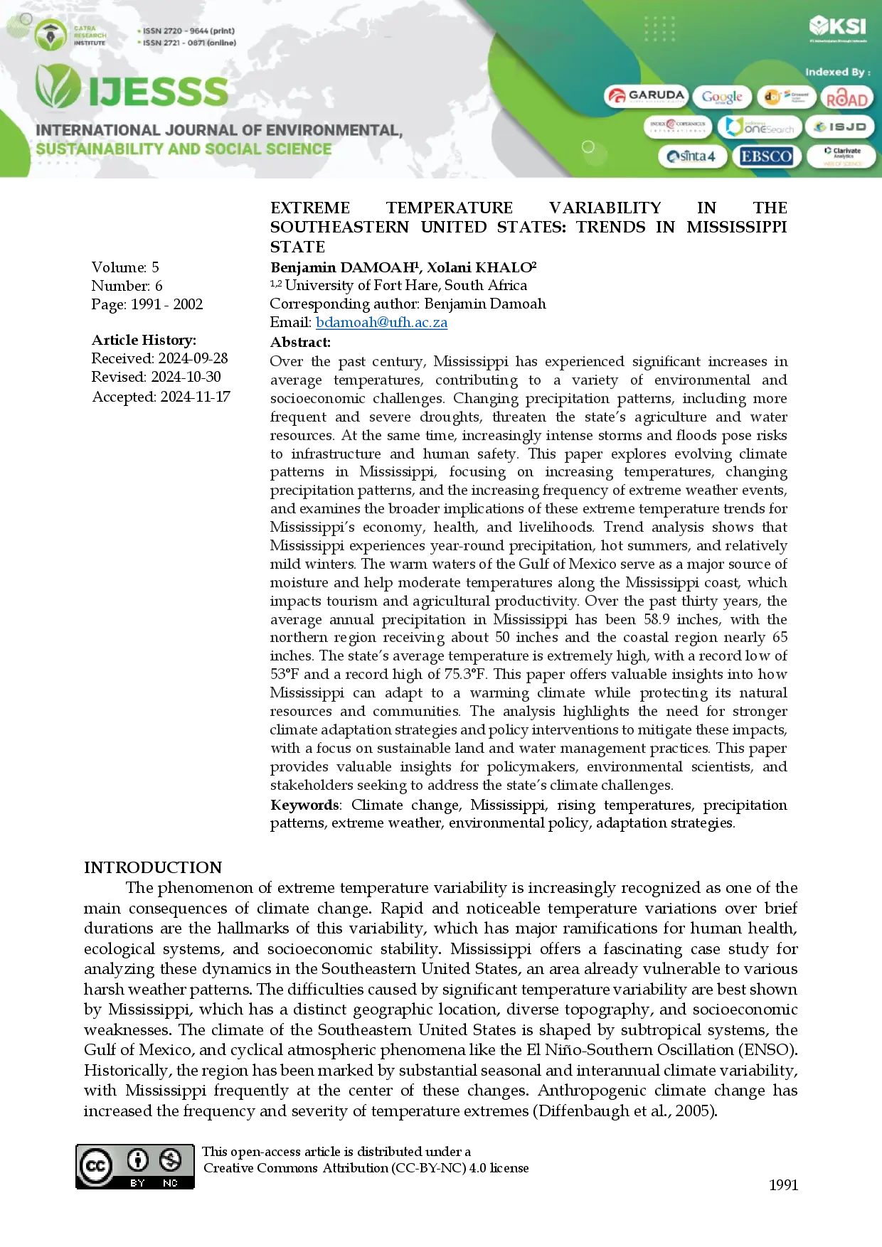 juris Extreme Temperature Variability in the Southeastern United States Trends in Mississippi State