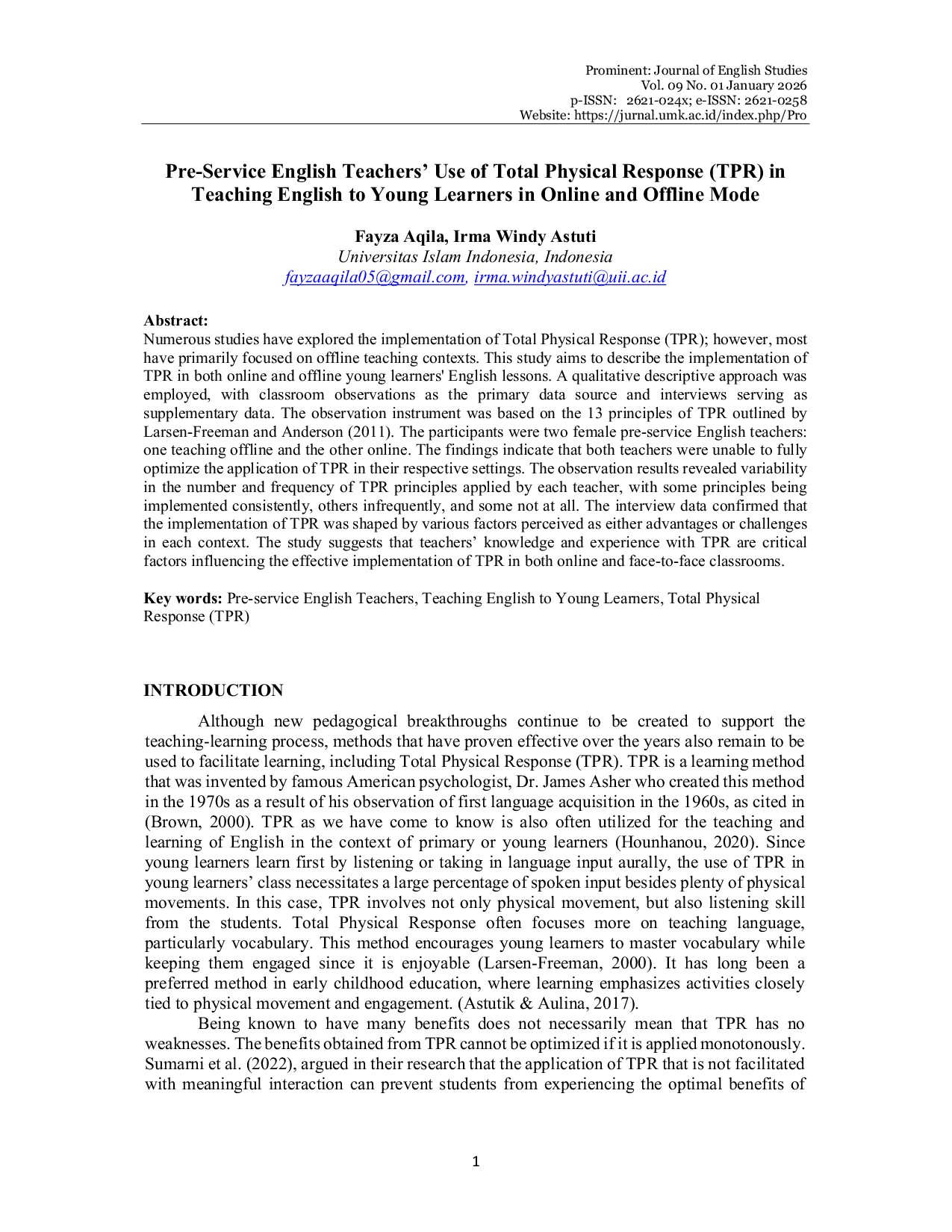 JURIS Pre Service English Teachers Use of Total Physical Response TPR in Teaching English to Young Learners in Online and Offline Mode