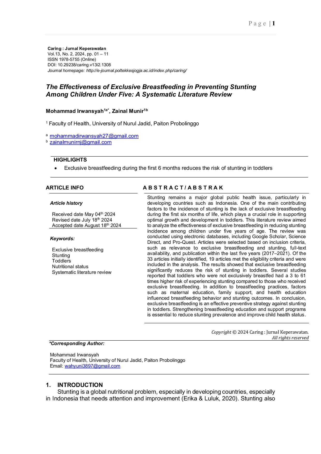 JURIS The Effectiveness of Exclusive Breastfeeding in Preventing Stunting Among Children Under Five A Systematic Literature Review Literature Review Effectiveness of Exclusive Breastfeeding with Stuntin