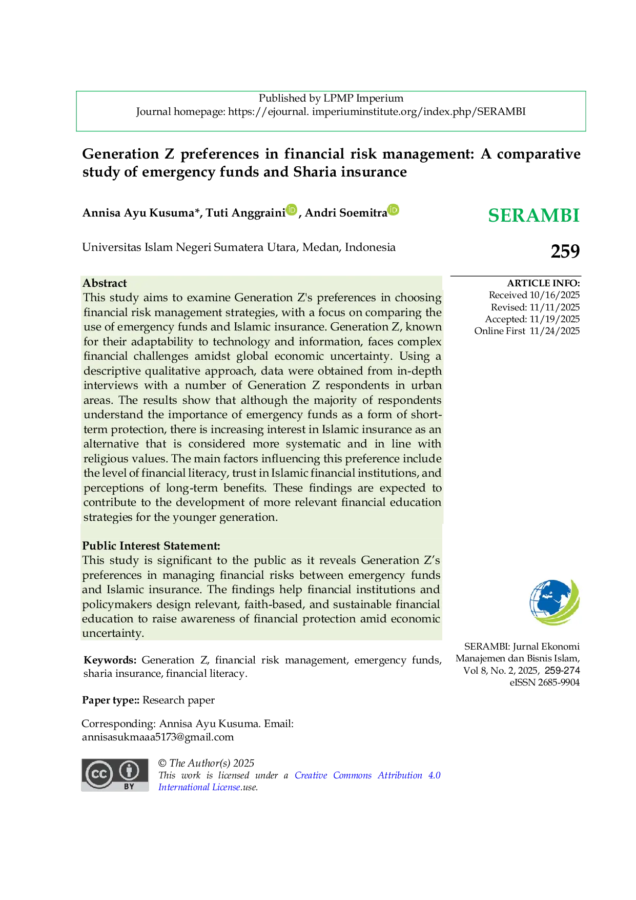 JURIS Generation Z Preferences In Financial Risk Management A Comparative Study Of Emergency Funds And Sharia Insurance