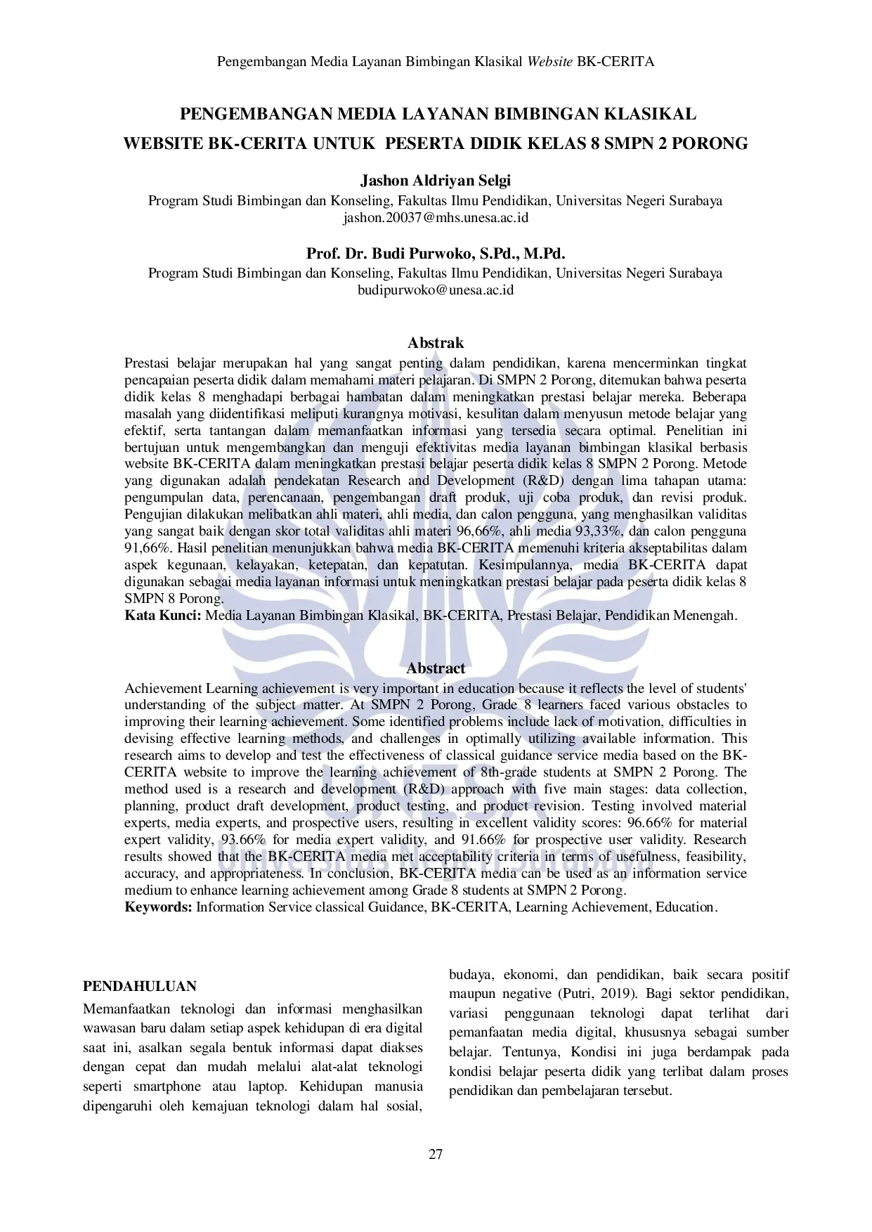 JURIS Pengembangan Media Layanan Bimbingan Klasikal Website BK Cerita Untuk Peserta Didik Kelas 8 Smpn 2 Porong