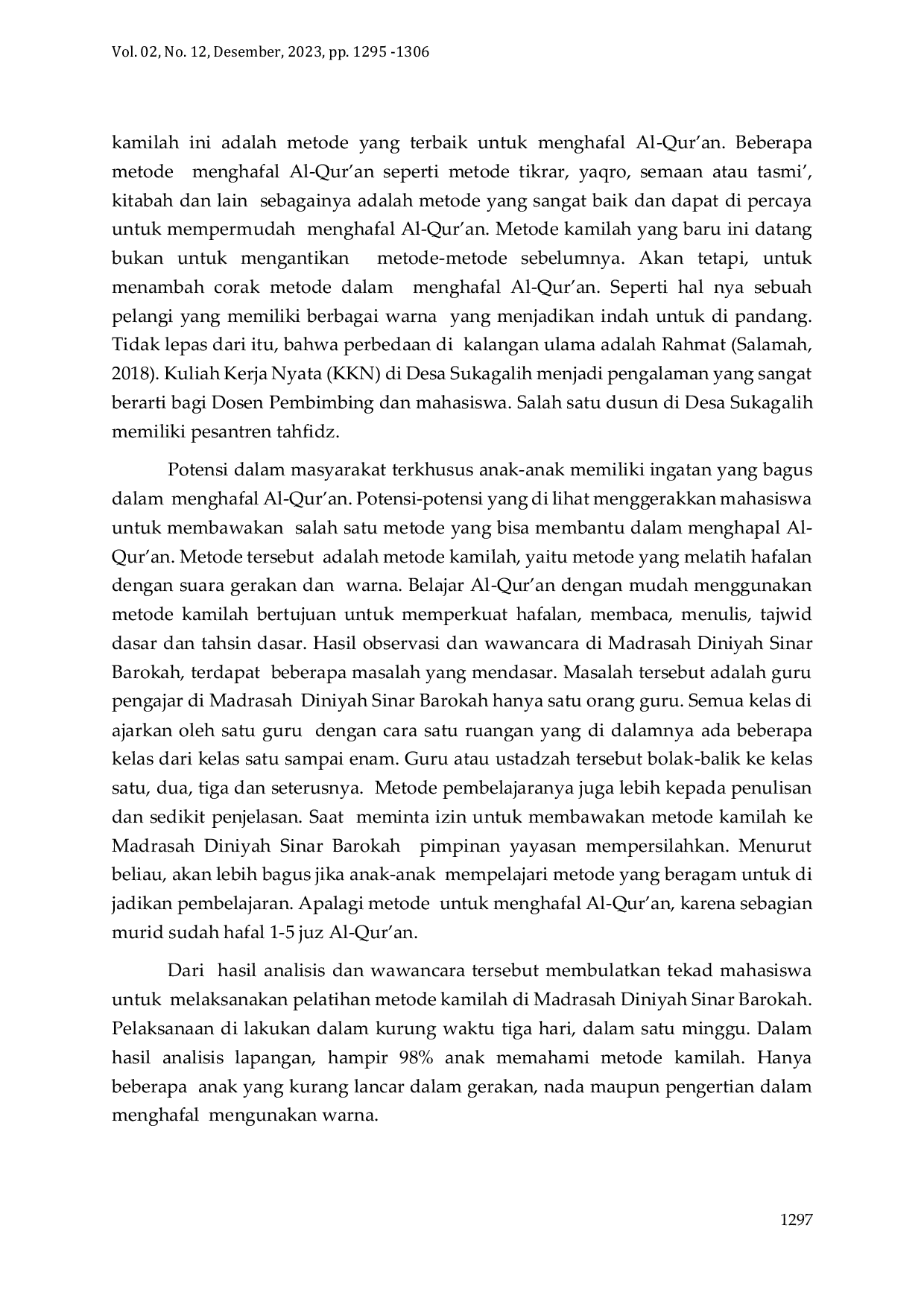 JURIS Pelatihan Menghafal Al Qur an Menggunakan Metode Kamilah Pada Anak Madrasah Diniyah Sinar Barokah di Desa Sukagalih