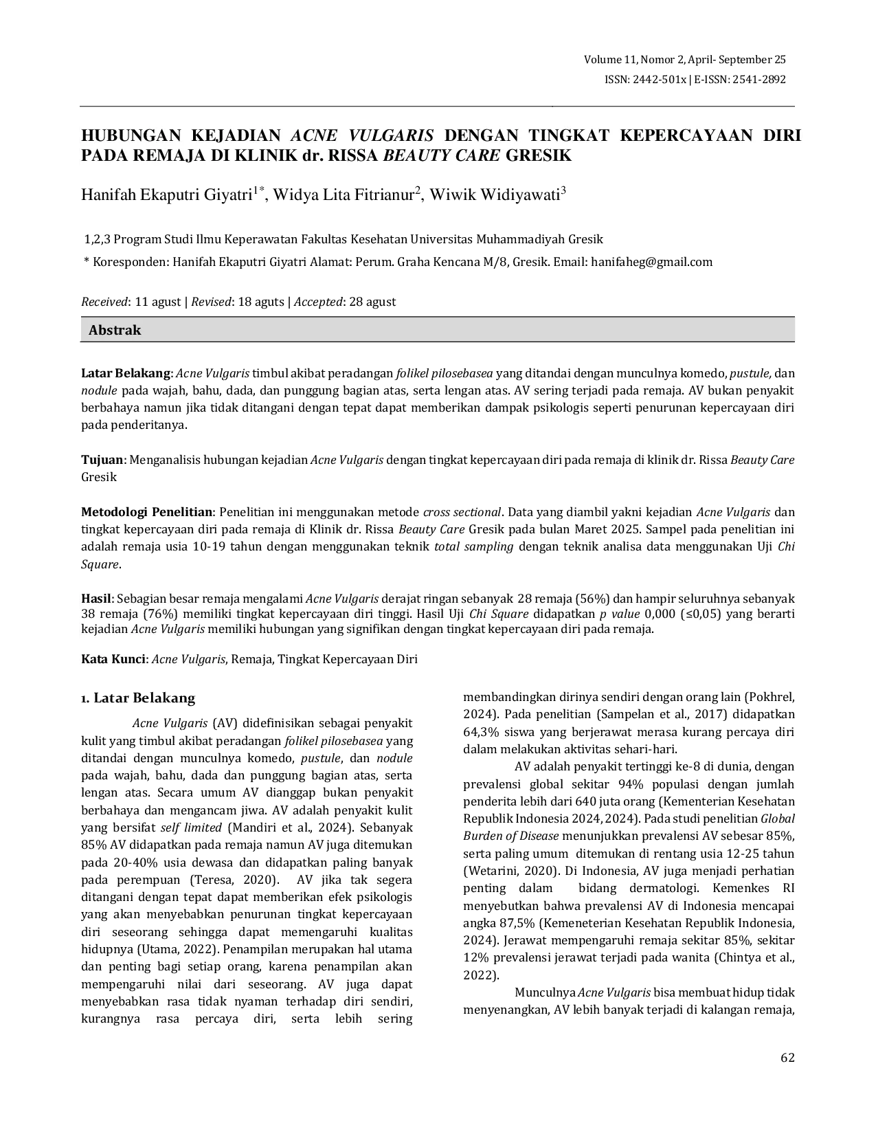 JURIS Hubungan Kejadian Acne Vulgaris dengan Tingkat Kepercayaan Diri pada Remaja di Klinik dr Rissa Beauty Care Gresik