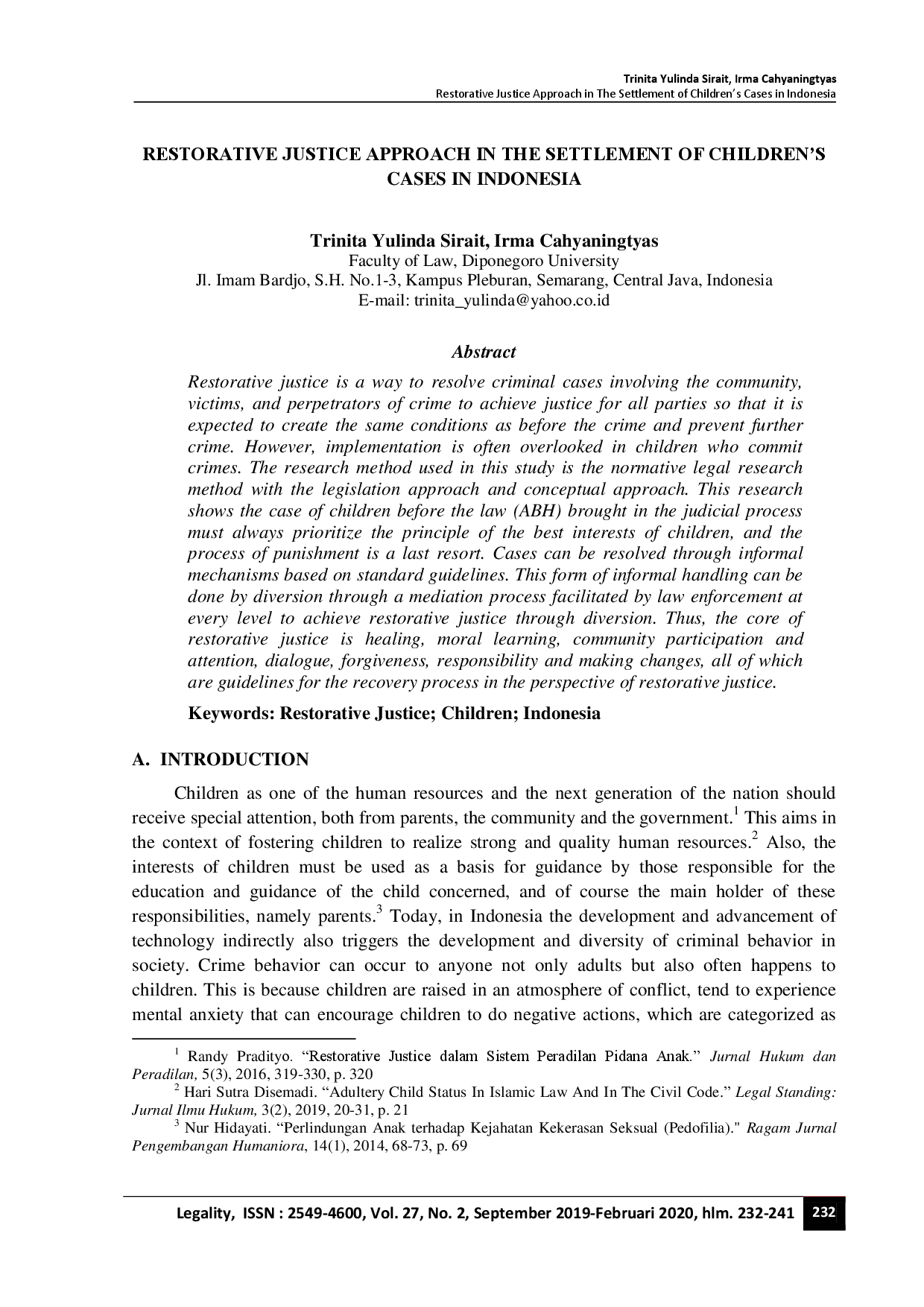 juris Restorative Justice Approach in the Settlement of Children s Cases in Indonesia