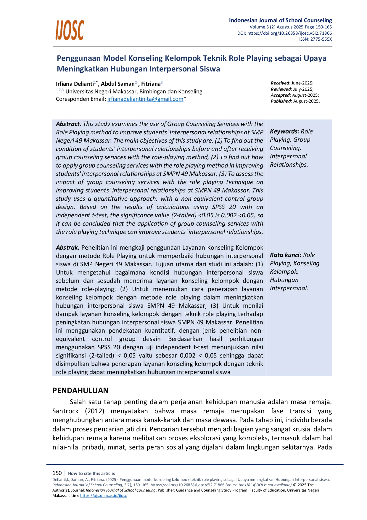 JURIS Penggunaan Model Konseling Kelompok Teknik Role Playing sebagai Upaya Meningkatkan Hubungan Interpersonal Siswa