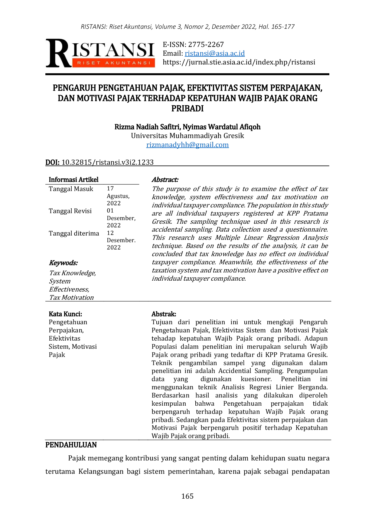 JURIS Pengaruh Pengetahuan Pajak Efektivitas Sistem Perpajakan Dan Motivasi Pajak Terhadap Kepatuhan Wajib Pajak Orang Pribadi