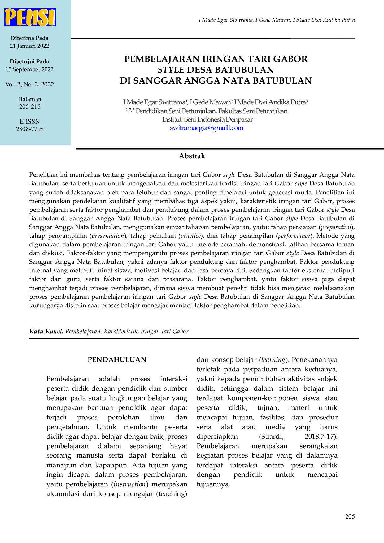 JURIS Pembelajaran Iringan Tari Gabor Style Desa Batubulan Di Sanggar Angga Nata Batubulan