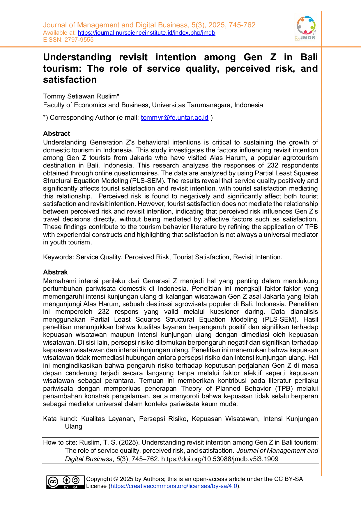 JURIS Understanding revisit intention among Gen Z in Bali tourism The role of service quality perceived risk and satisfaction
