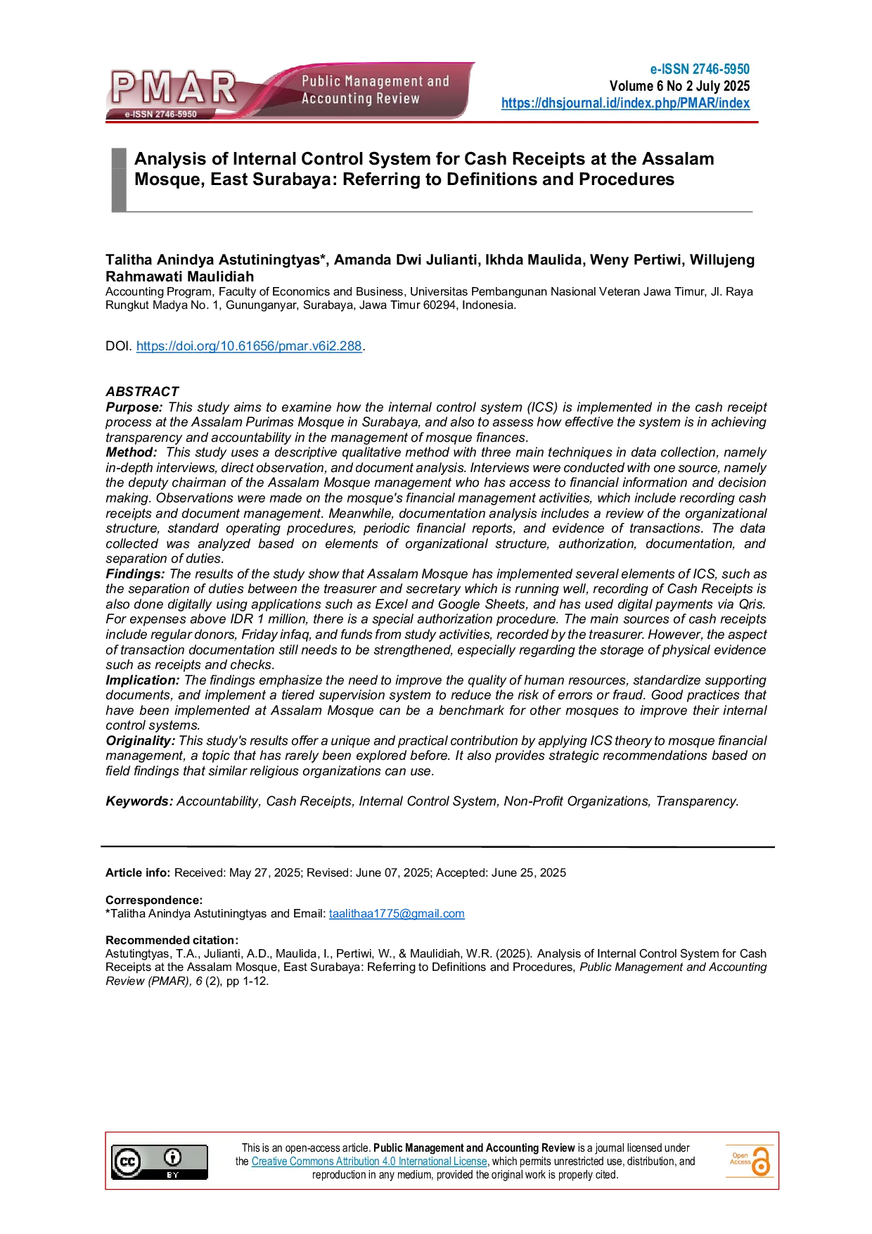 JURIS Analisis Sistem Pengendalian Internal untuk Penerimaan Kas di Masjid Assalam Surabaya Timur Merujuk pada Definisi dan Prosedur