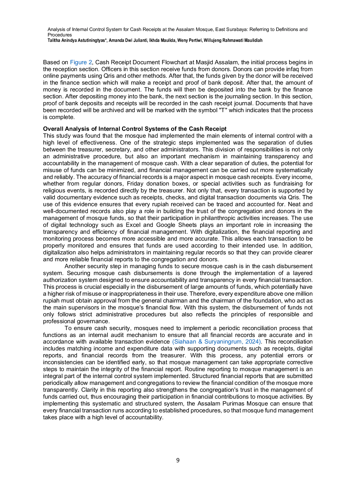 JURIS Analisis Sistem Pengendalian Internal untuk Penerimaan Kas di Masjid Assalam Surabaya Timur Merujuk pada Definisi dan Prosedur