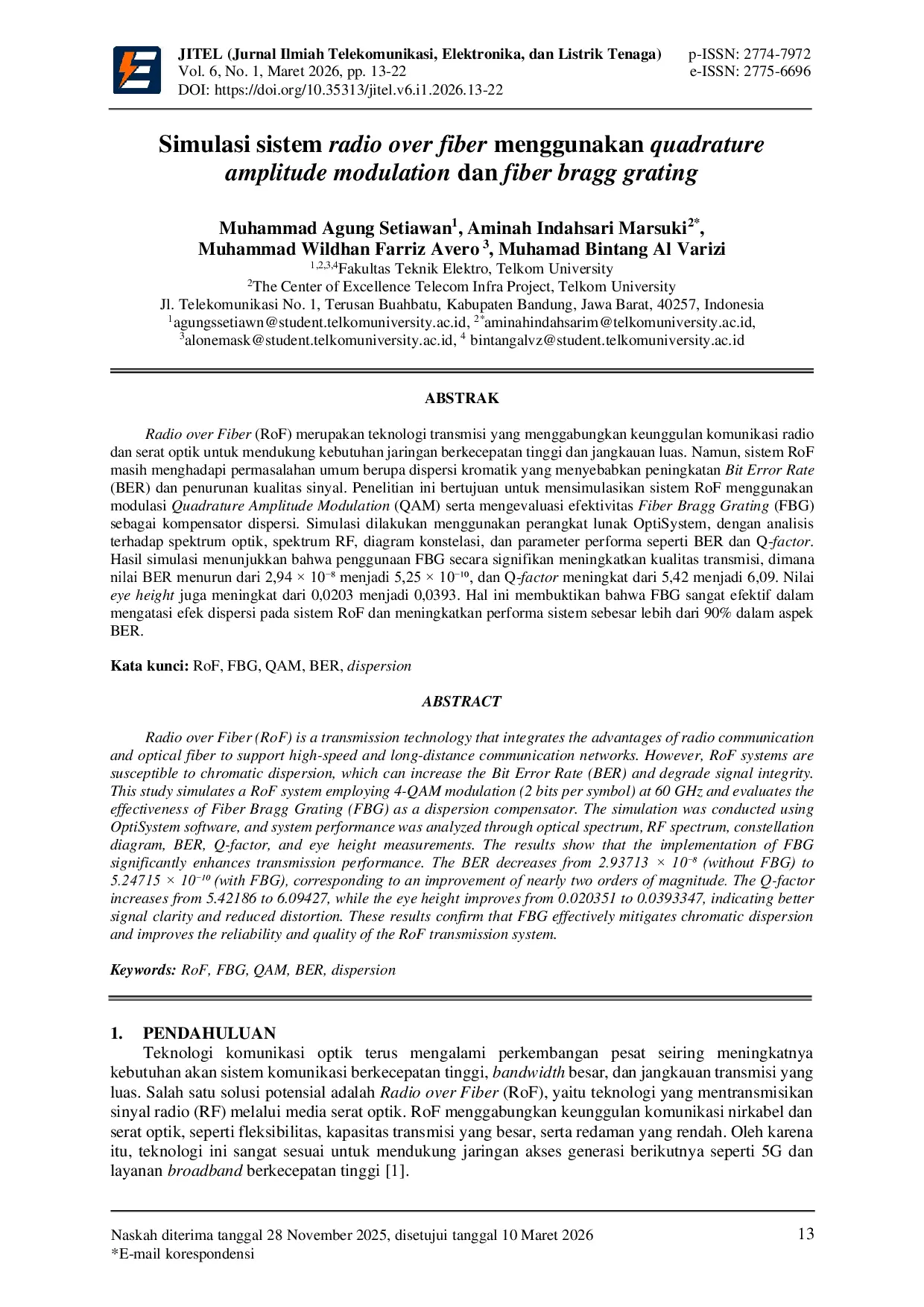 JURIS Simulasi Sistem Radio Over Fiber Menggunakan Quadrature Amplitude Modulation dan Fiber Bragg Grating