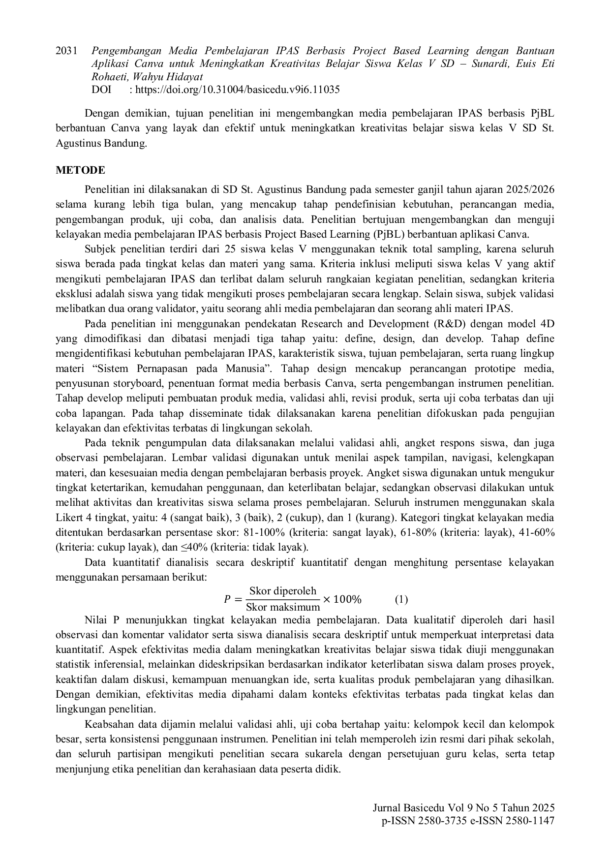 JURIS Pengembangan Media Pembelajaran IPAS Berbasis Project Based Learning dengan Bantuan Aplikasi Canva untuk Meningkatkan Kreativitas Belajar Siswa Kelas V SD