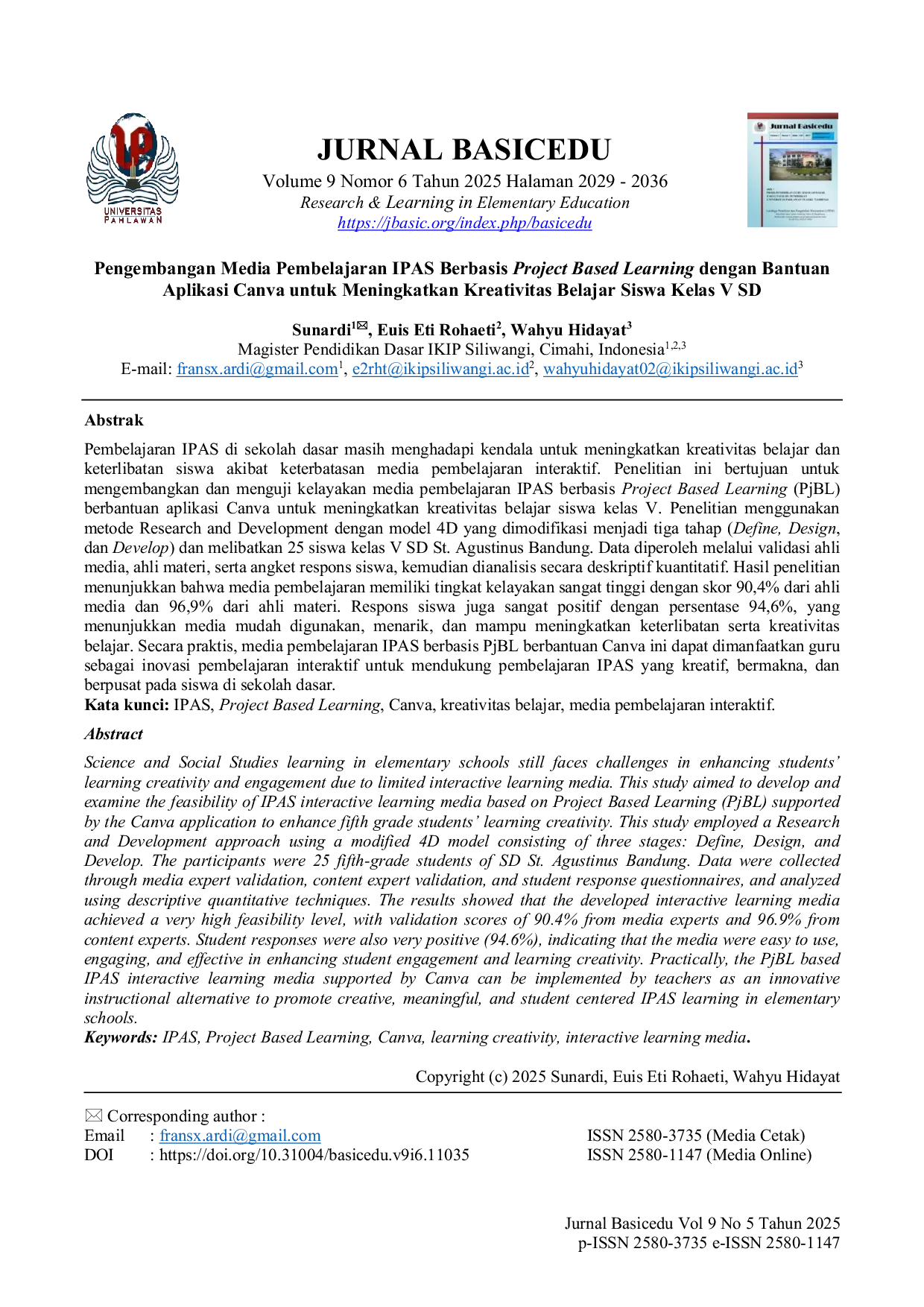 JURIS Pengembangan Media Pembelajaran IPAS Berbasis Project Based Learning dengan Bantuan Aplikasi Canva untuk Meningkatkan Kreativitas Belajar Siswa Kelas V SD