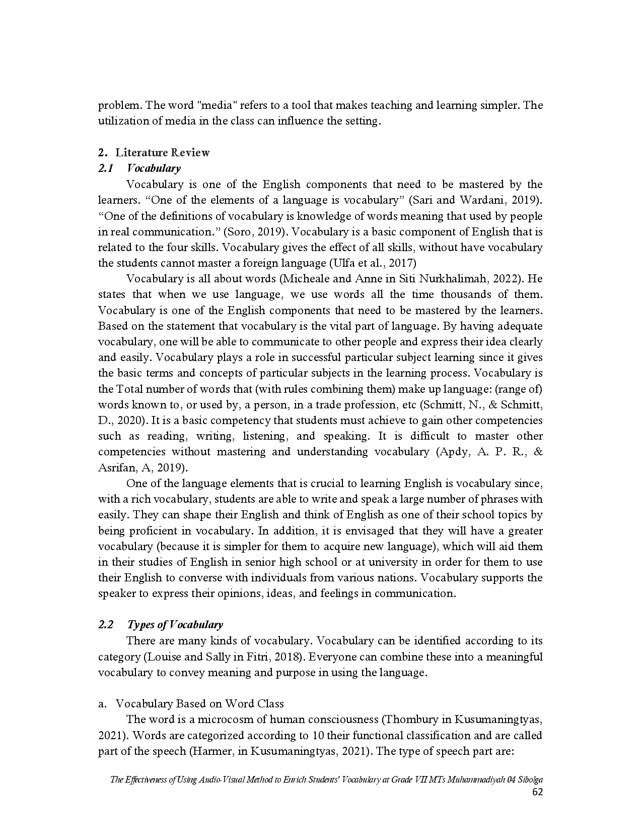 juris The Effectiveness of Using Audio Visual Method to Enrich Students Vocabulary at Grade VII MTs Muhammadiyah 04 Sibolga