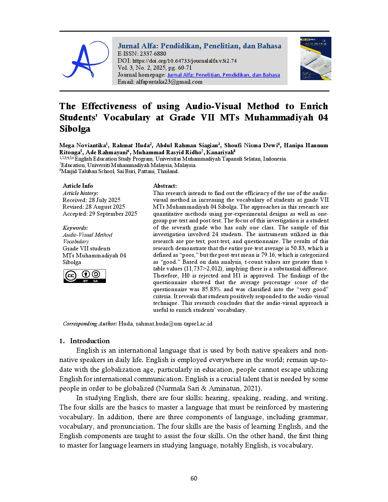 juris The Effectiveness of Using Audio Visual Method to Enrich Students Vocabulary at Grade VII MTs Muhammadiyah 04 Sibolga