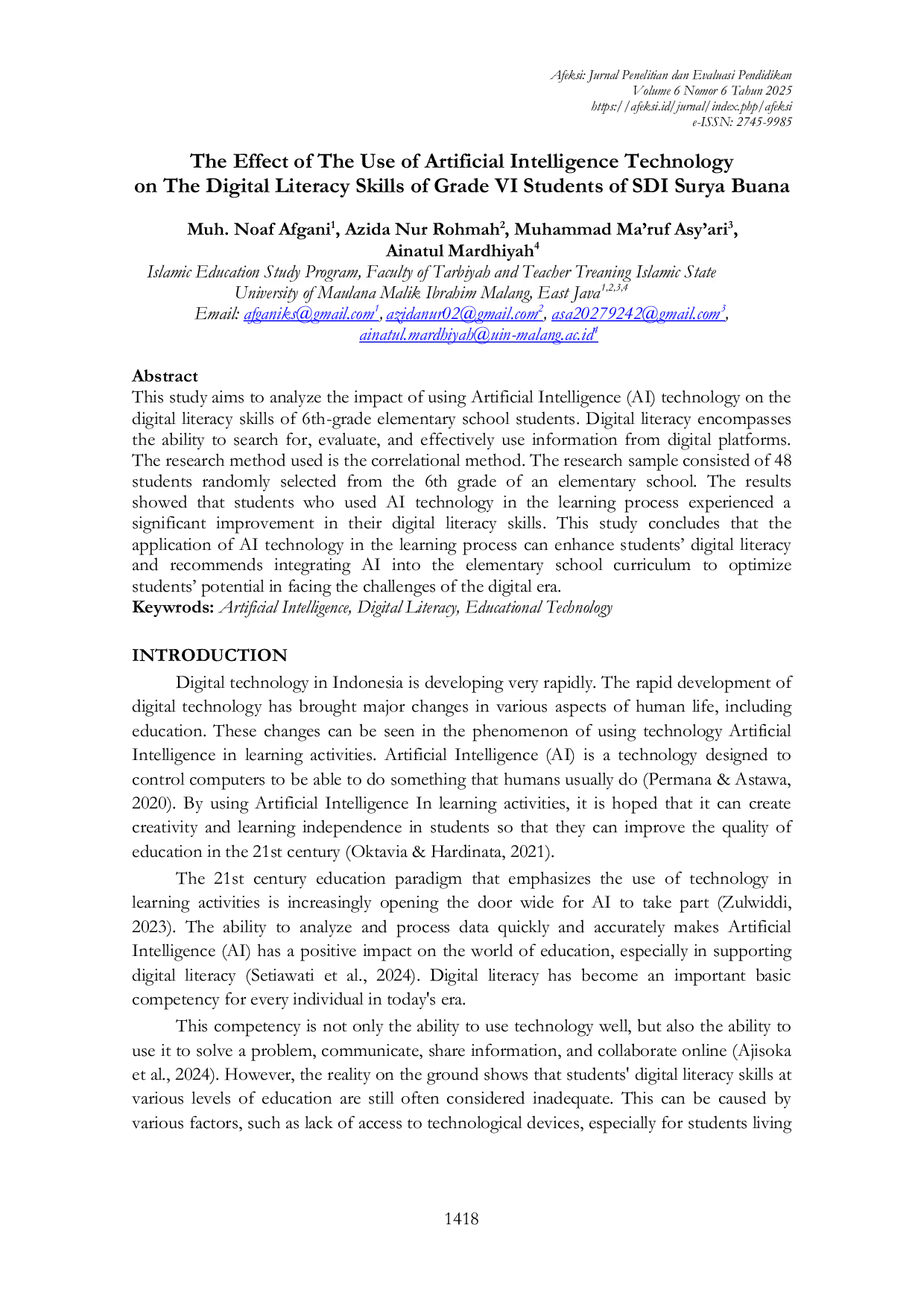 JURIS The Effect of The Use of Artificial Intelligence Technology on The Digital Literacy Skills of Grade VI Students of SDI Surya Buana
