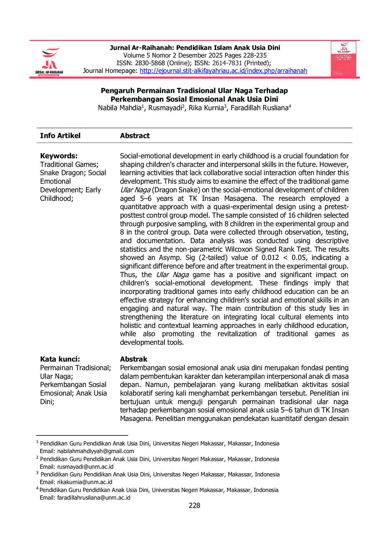 JURIS Pengaruh Permainan Tradisional Ular Naga Terhadap Perkembangan Sosial Emosional Anak Usia Dini