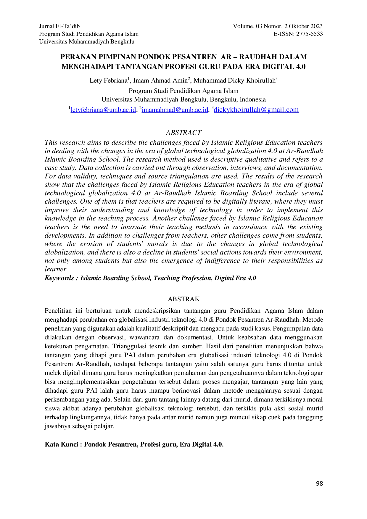 JURIS Peranan Pimpinan Pondok Pesantren Ar Raudhah Dalam Menghadapi Tantangan Profesi Guru Pada Era Digital 4 0