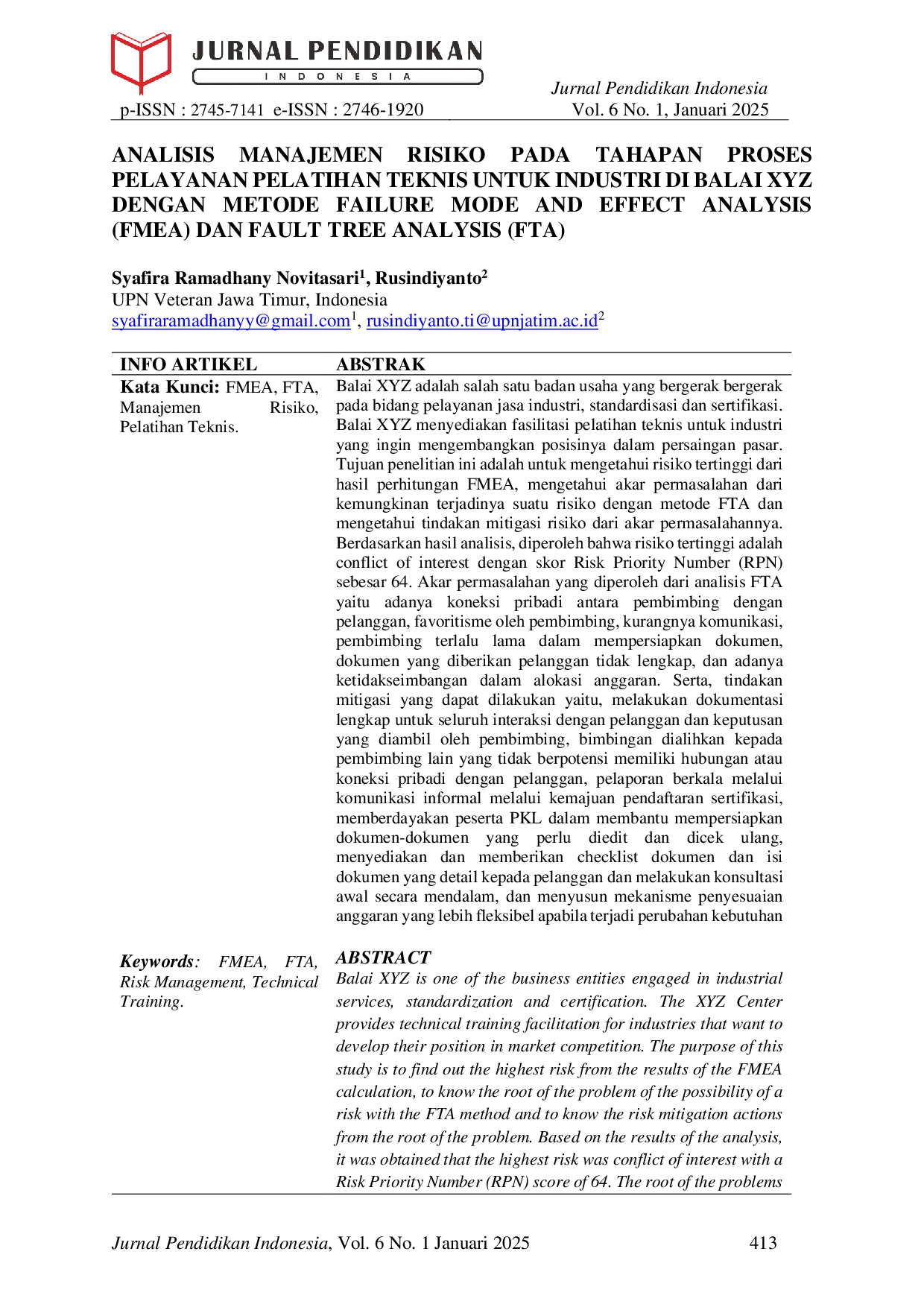 JURIS Analisis Manajemen Risiko Pada Tahapan Proses Pelayanan Pelatihan Teknis Untuk Industri Di Balai XYZ Dengan Metode Failure Mode And Effect Analysis FMEA Dan Fault Tree Analysis FTA