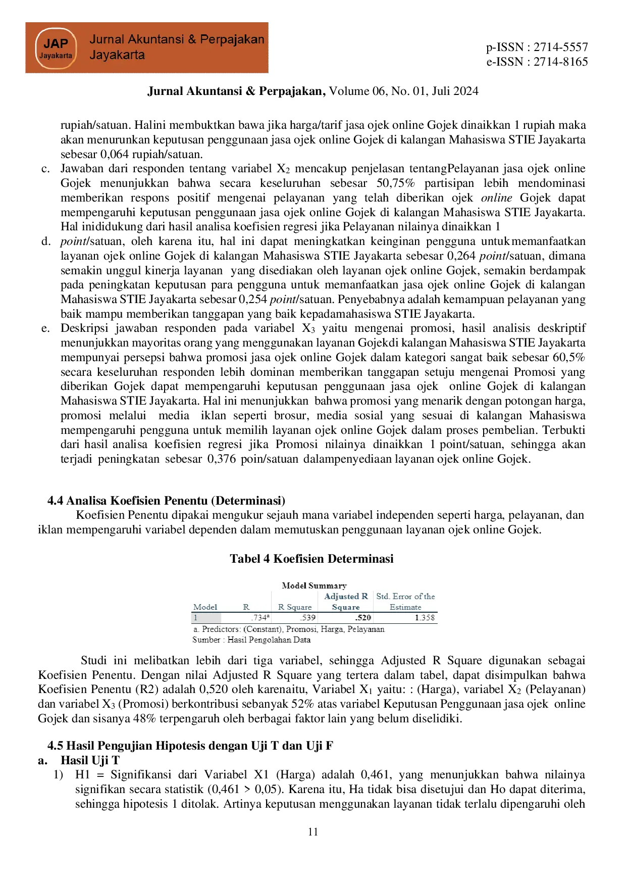 JURIS Analisis Pengaruh Harga Pelayanan Dan Promosi Terhadap Keputusan Penggunaan Jasa Ojek Online Gojek Pada Mahasiswa Stie Jayakarta Tahun 2024