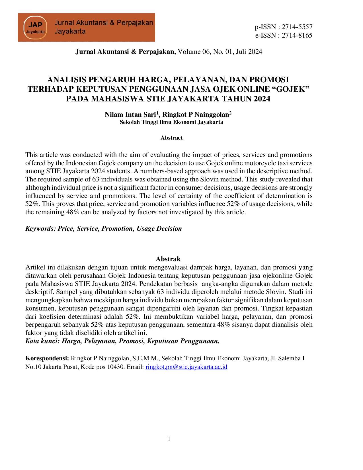 JURIS Analisis Pengaruh Harga Pelayanan Dan Promosi Terhadap Keputusan Penggunaan Jasa Ojek Online Gojek Pada Mahasiswa Stie Jayakarta Tahun 2024