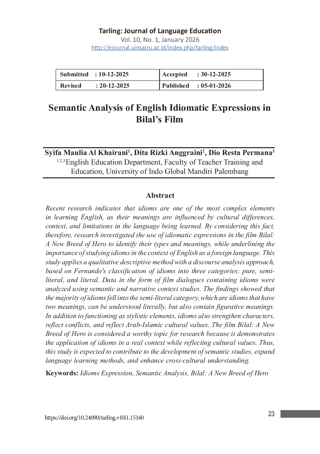 JURIS Semantic Analysis on English Idiomatic Expressions in Bilal s Film