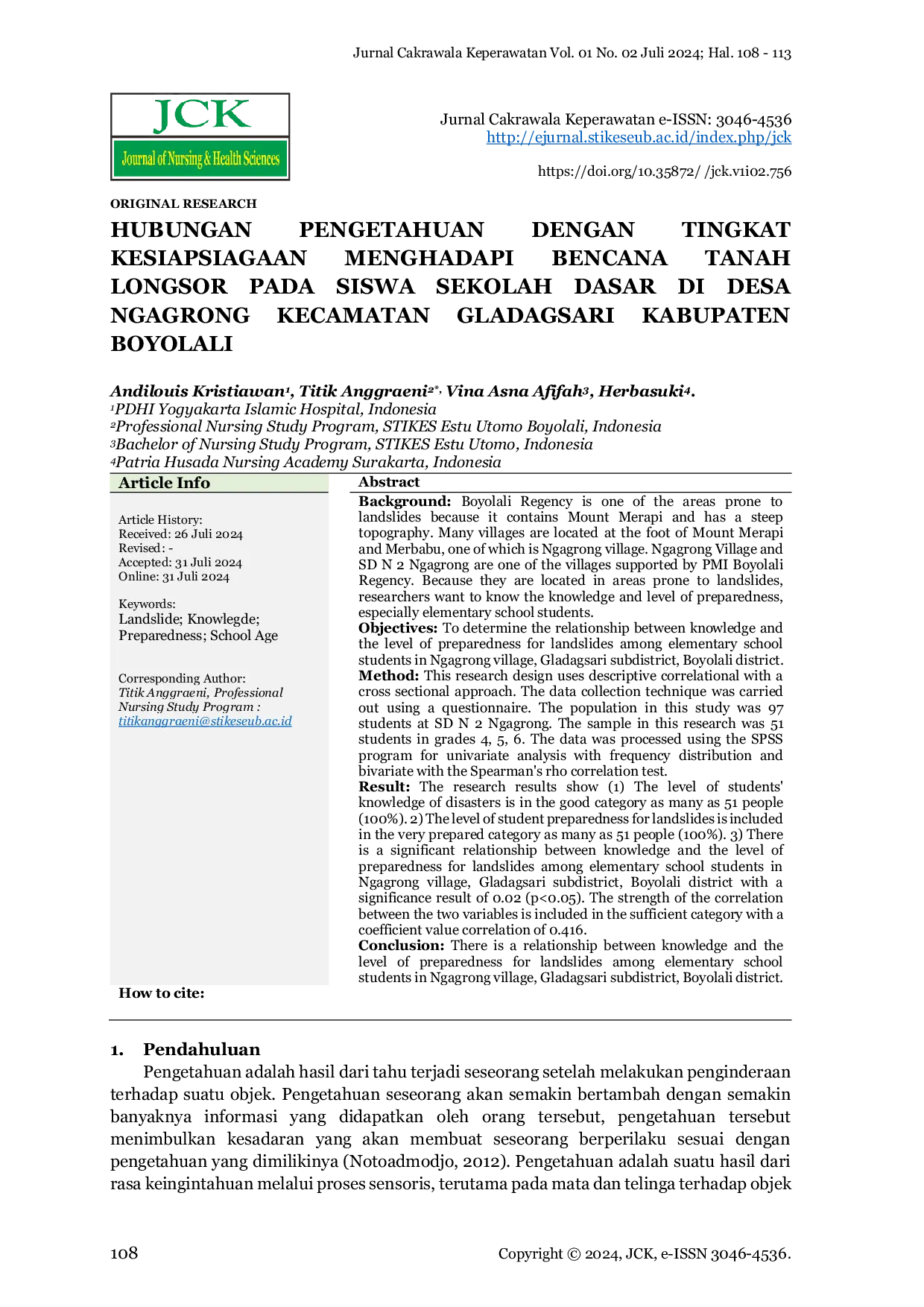 JURIS TINGKAT HUBUNGAN PENGETAHUAN TANAH KESIAPSIAGAAN MENGHADAPI BENCANA LONGSOR PADA SISWA SEKOLAH DASAR DI DESA NGAGRONG KECAMATAN GLADAGSARI KABUPATEN BOYOLALI DENGAN