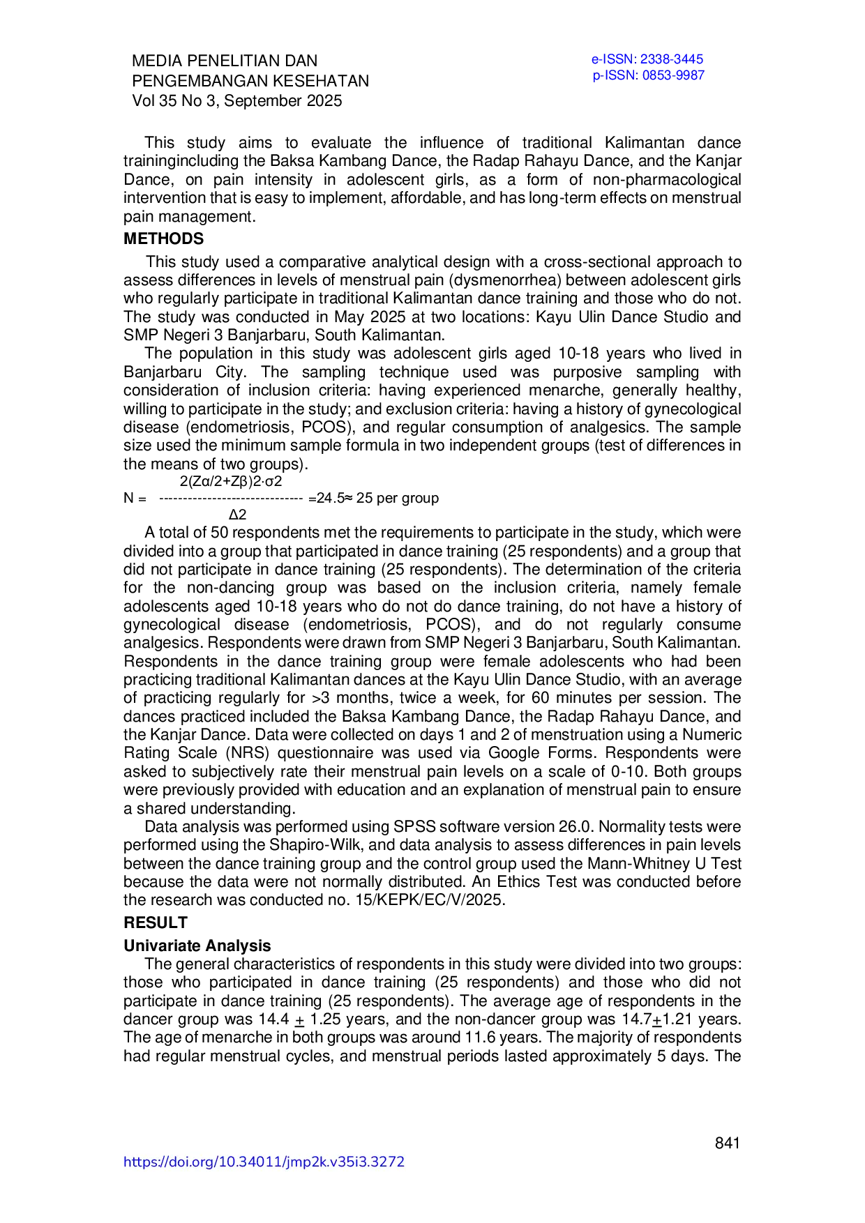 JURIS Pengaruh Latihan Tari Tradisional Kalimantan terhadap Intensitas Nyeri Haid Dismenorea pada Remaja Putri