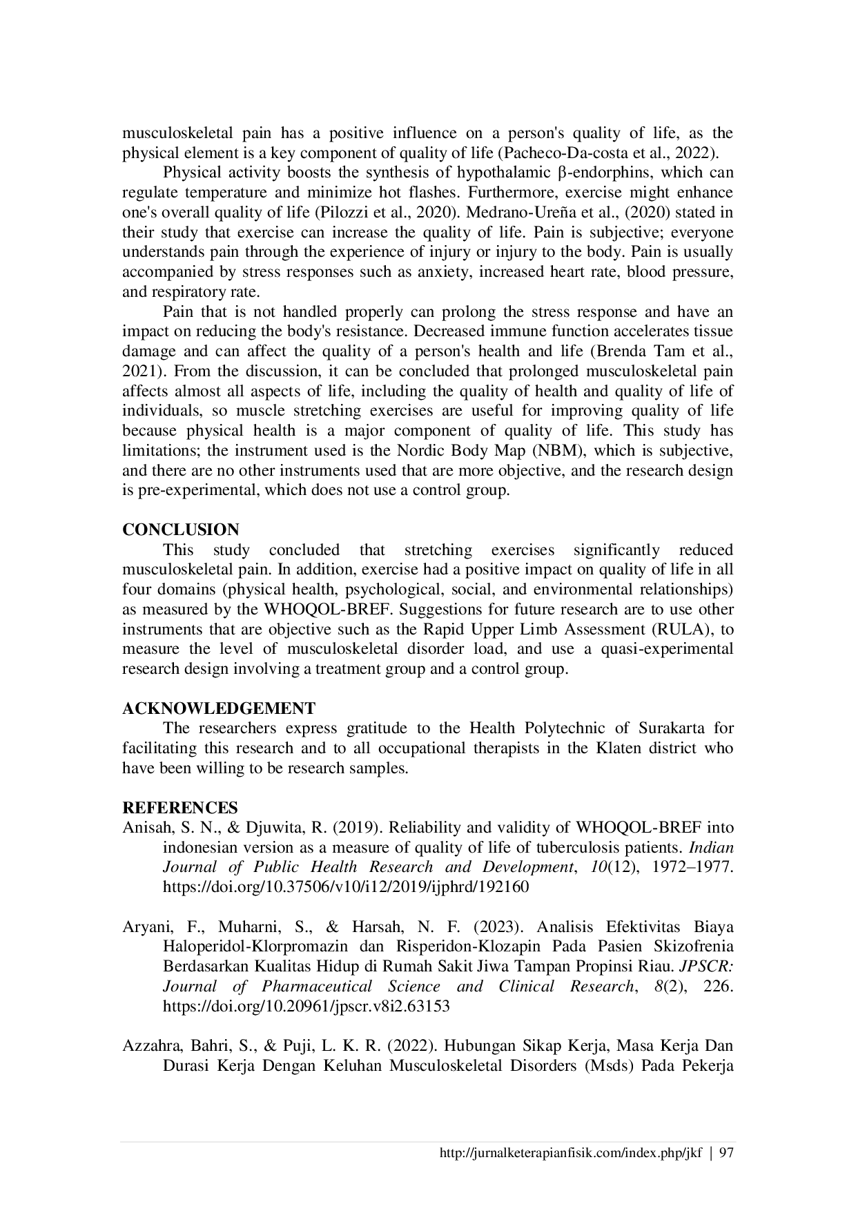 JURIS The Impact of Stretching Exercise on Musculoskeletal Pain and Quality of Life of Occupational Therapists