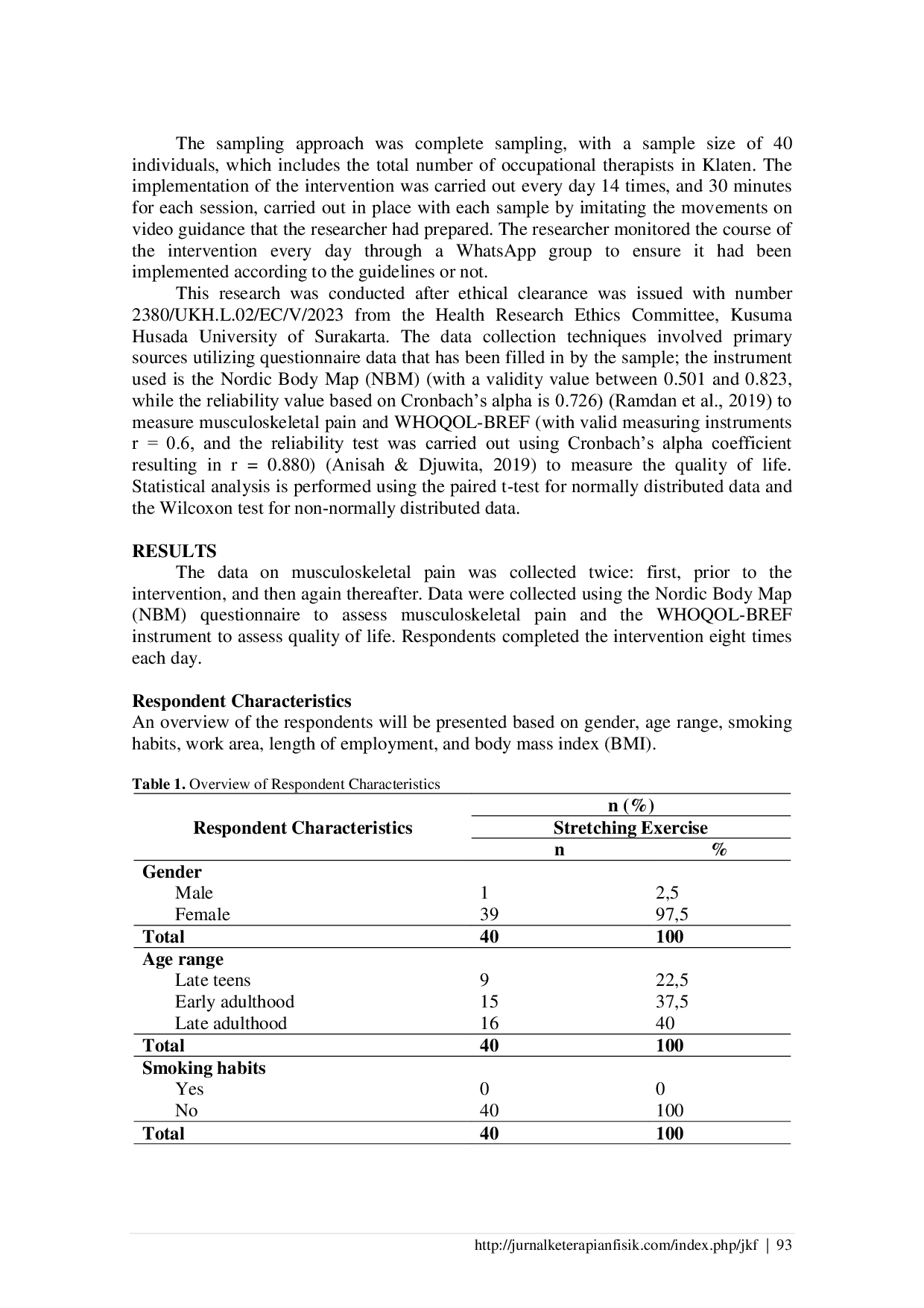 JURIS The Impact of Stretching Exercise on Musculoskeletal Pain and Quality of Life of Occupational Therapists