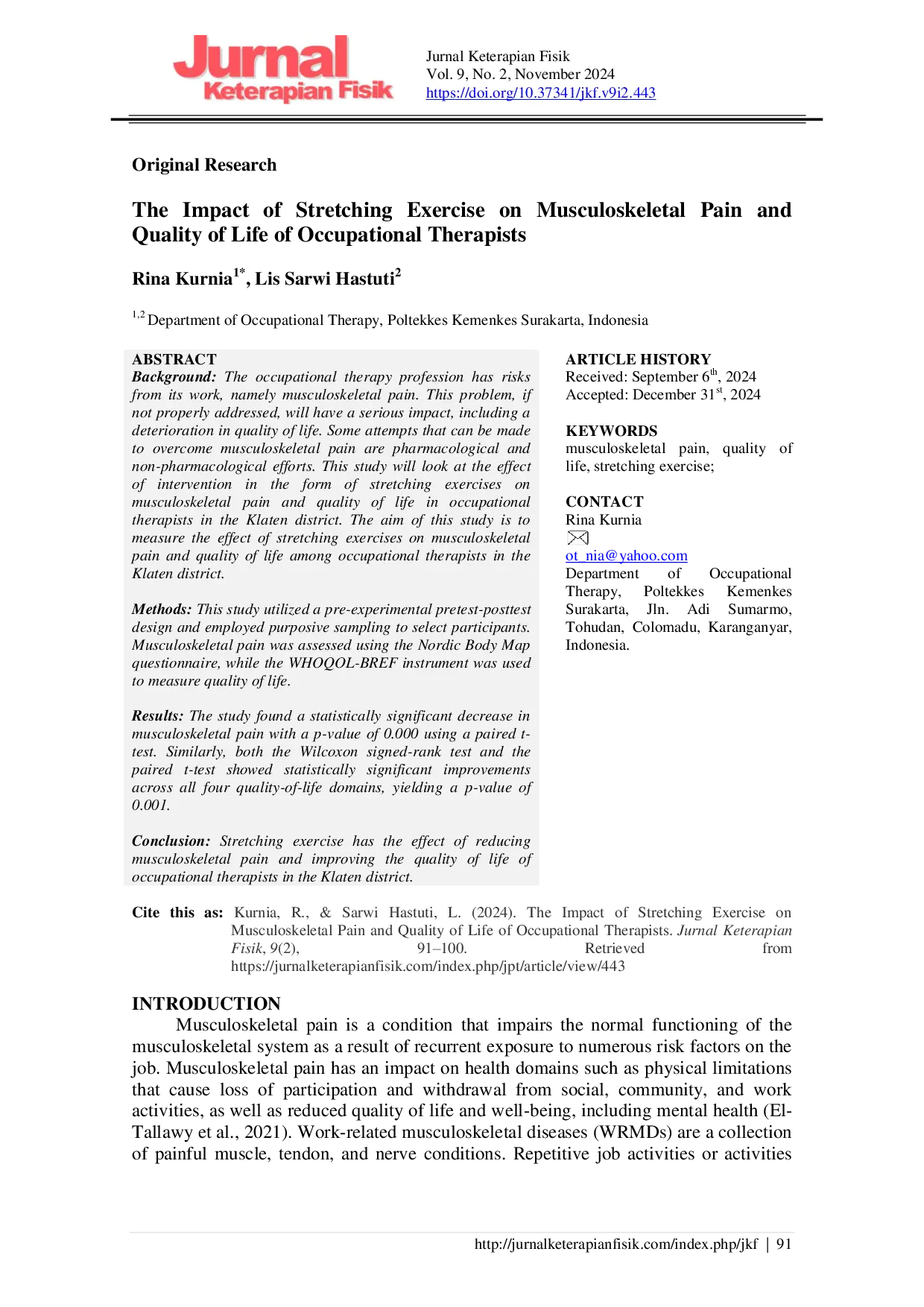 JURIS The Impact of Stretching Exercise on Musculoskeletal Pain and Quality of Life of Occupational Therapists