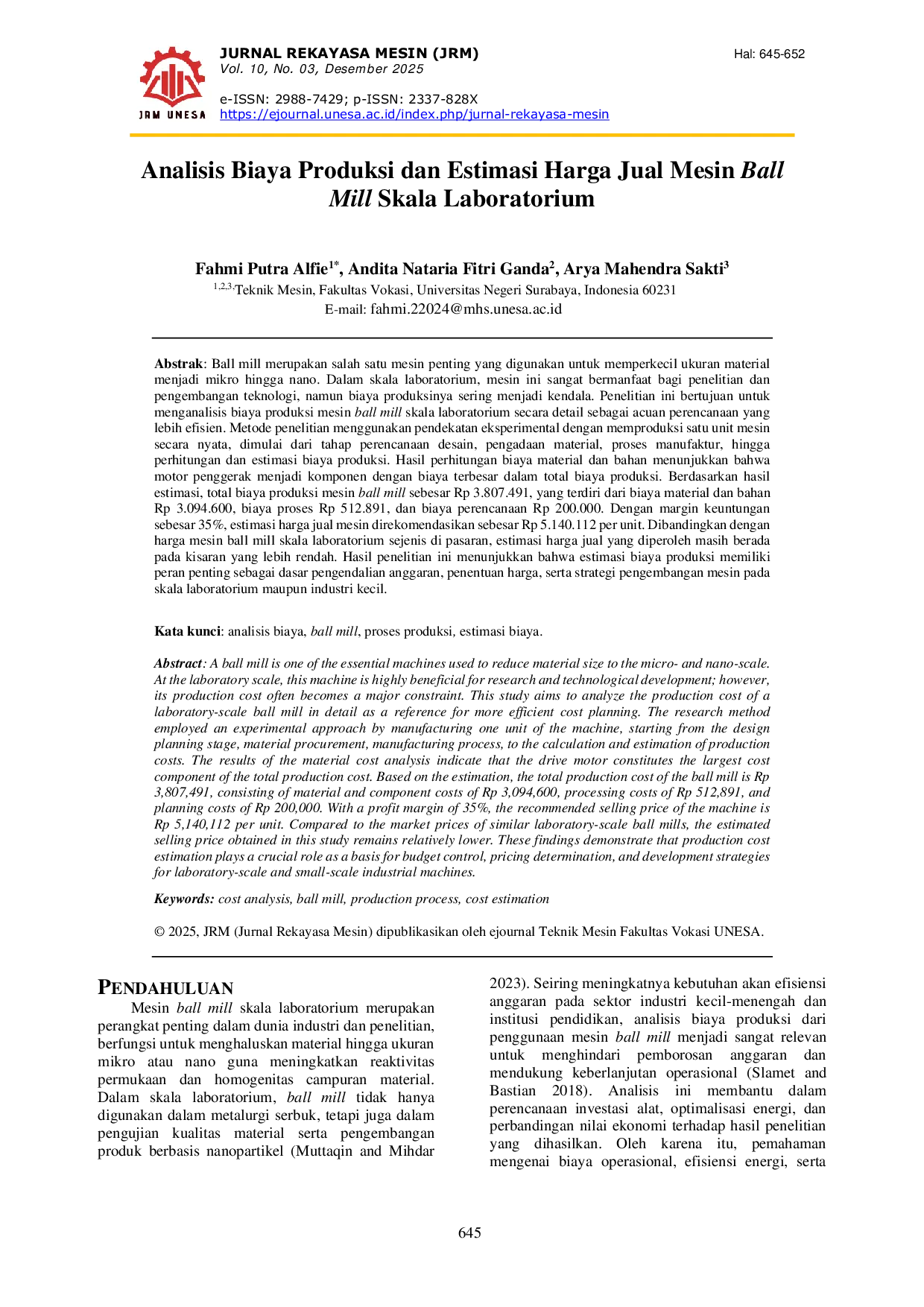JURIS Analisis Biaya Produksi Mesin Ball Mill Skala Laboratorium