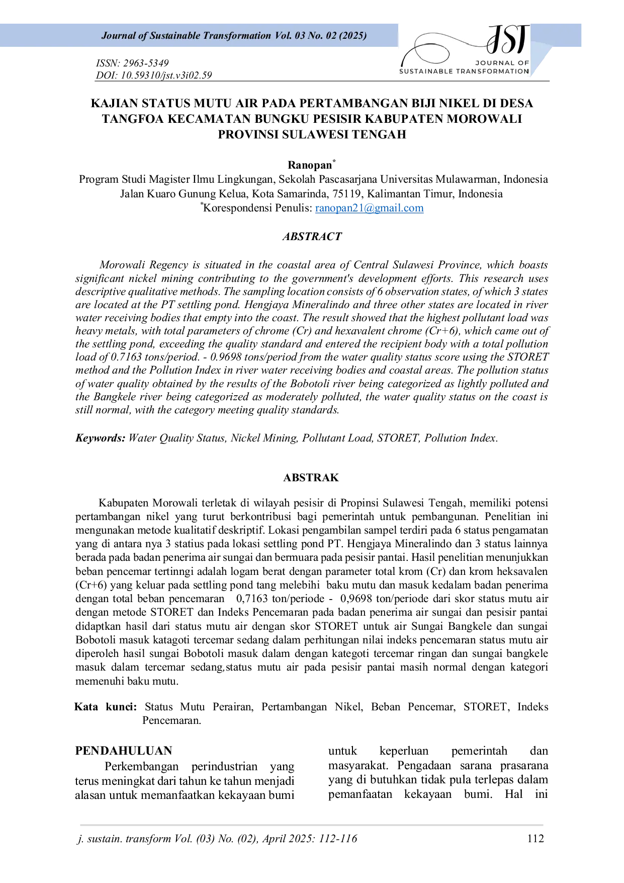 JURIS KAJIAN STATUS MUTU AIR PADA PERTAMBANGAN BIJI NIKEL DI DESA TANGFOA KECAMATAN BUNGKU PESISIR KABUPATEN MOROWALI PROVINSI SULAWESI TENGAH
