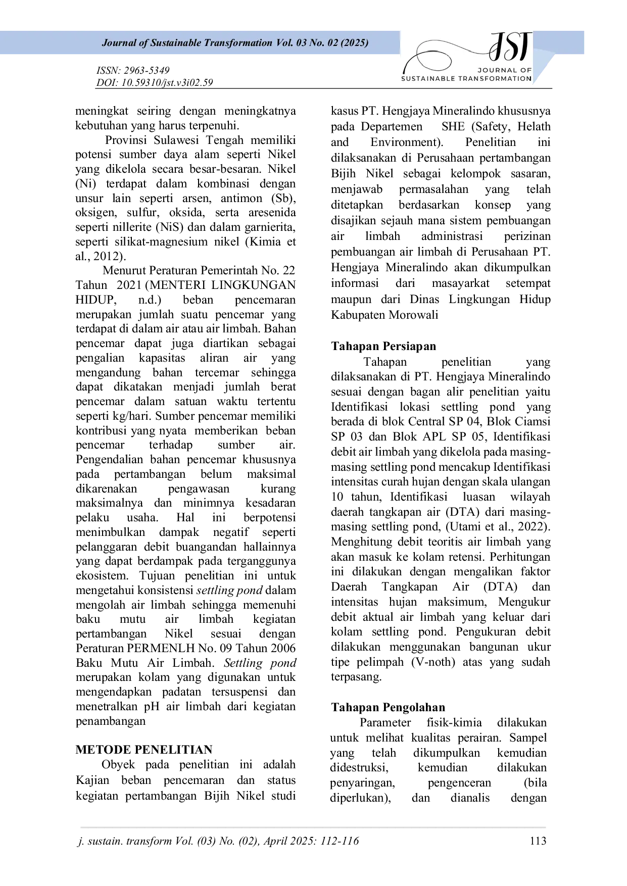 JURIS KAJIAN STATUS MUTU AIR PADA PERTAMBANGAN BIJI NIKEL DI DESA TANGFOA KECAMATAN BUNGKU PESISIR KABUPATEN MOROWALI PROVINSI SULAWESI TENGAH