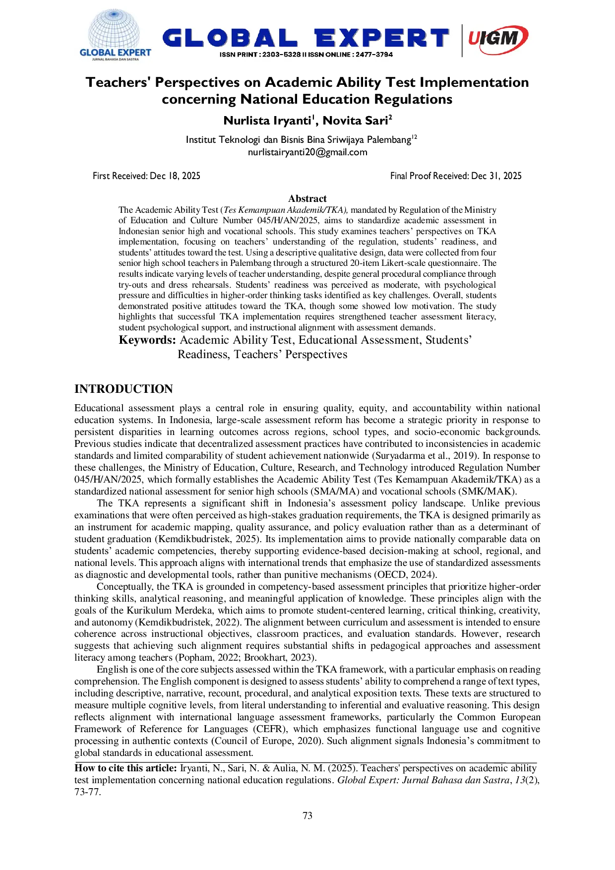 JURIS Teachers Perspectives on Academic Ability Test Implementation concerning National Education Regulations