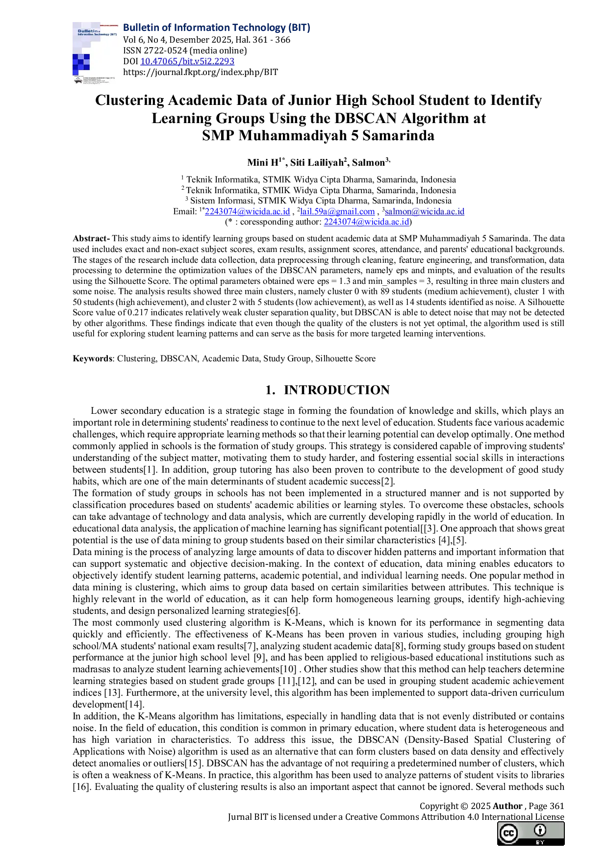 JURIS Clustering Academic Data of Junior High School Students to Identify Learning Groups Using The DBSCAN Algorithm at SMP Muhammadiyah 5 Samarinda