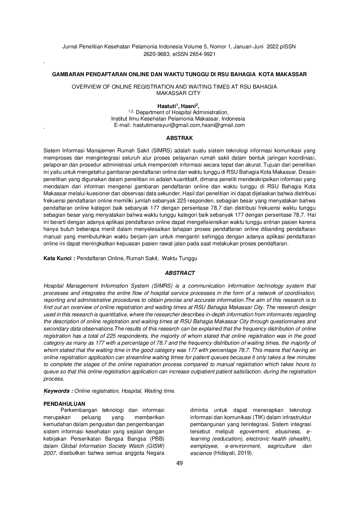 JURIS Gambaran Pendaftaran Online Dan Waktu Tunggu Di Rsu Bahagia Kota Makassar