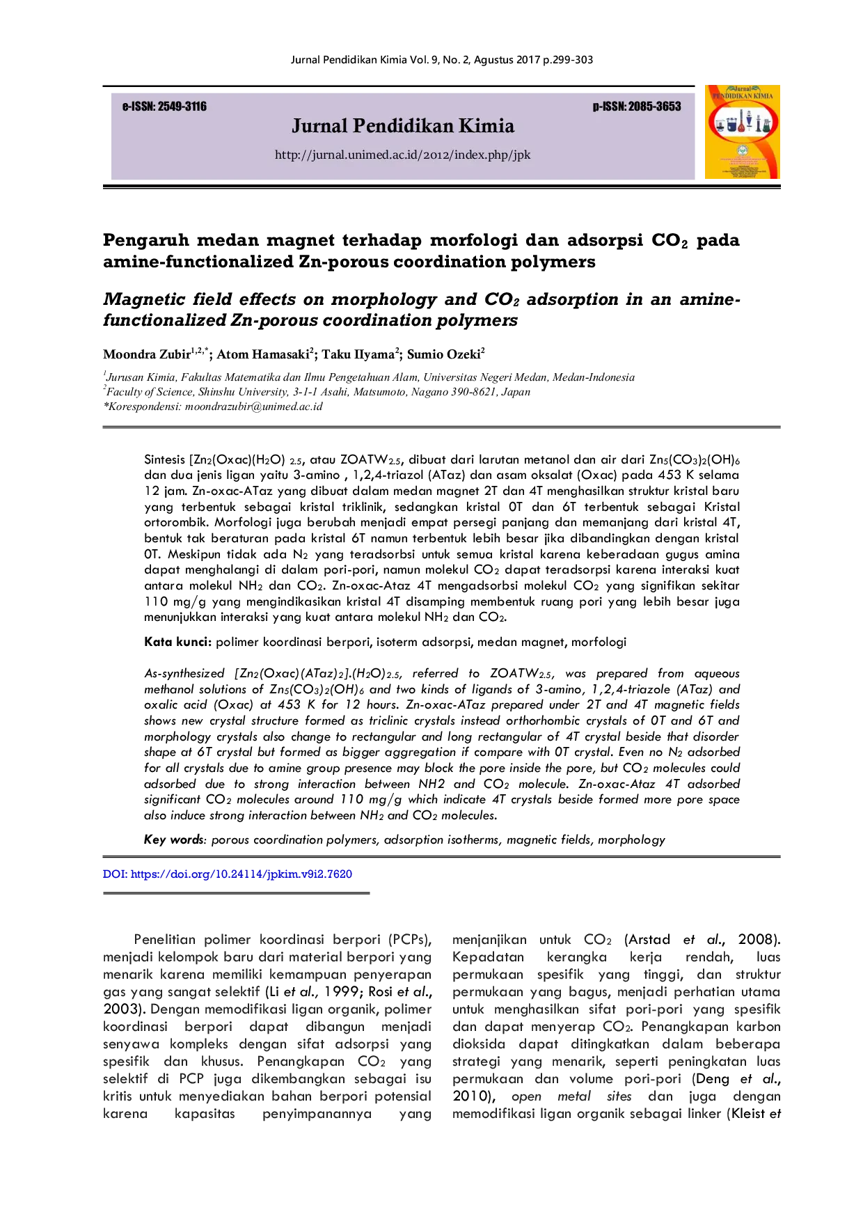 JURIS Pengaruh Medan Magnet Terhadap Morfologi Dan Adsorpsi Co2 Pada Amine Functionalized Zn Porous Coordination Polymers