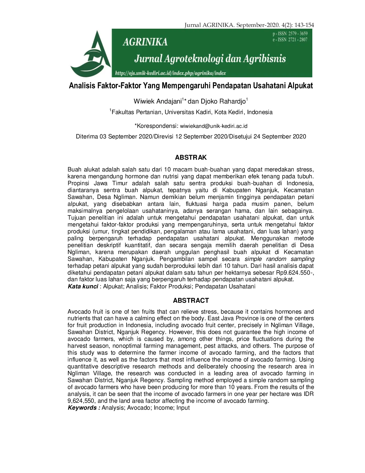 JURIS Analisis Faktor Faktor Yang Mempengaruhi Pendapatan Usahatani Alpukat