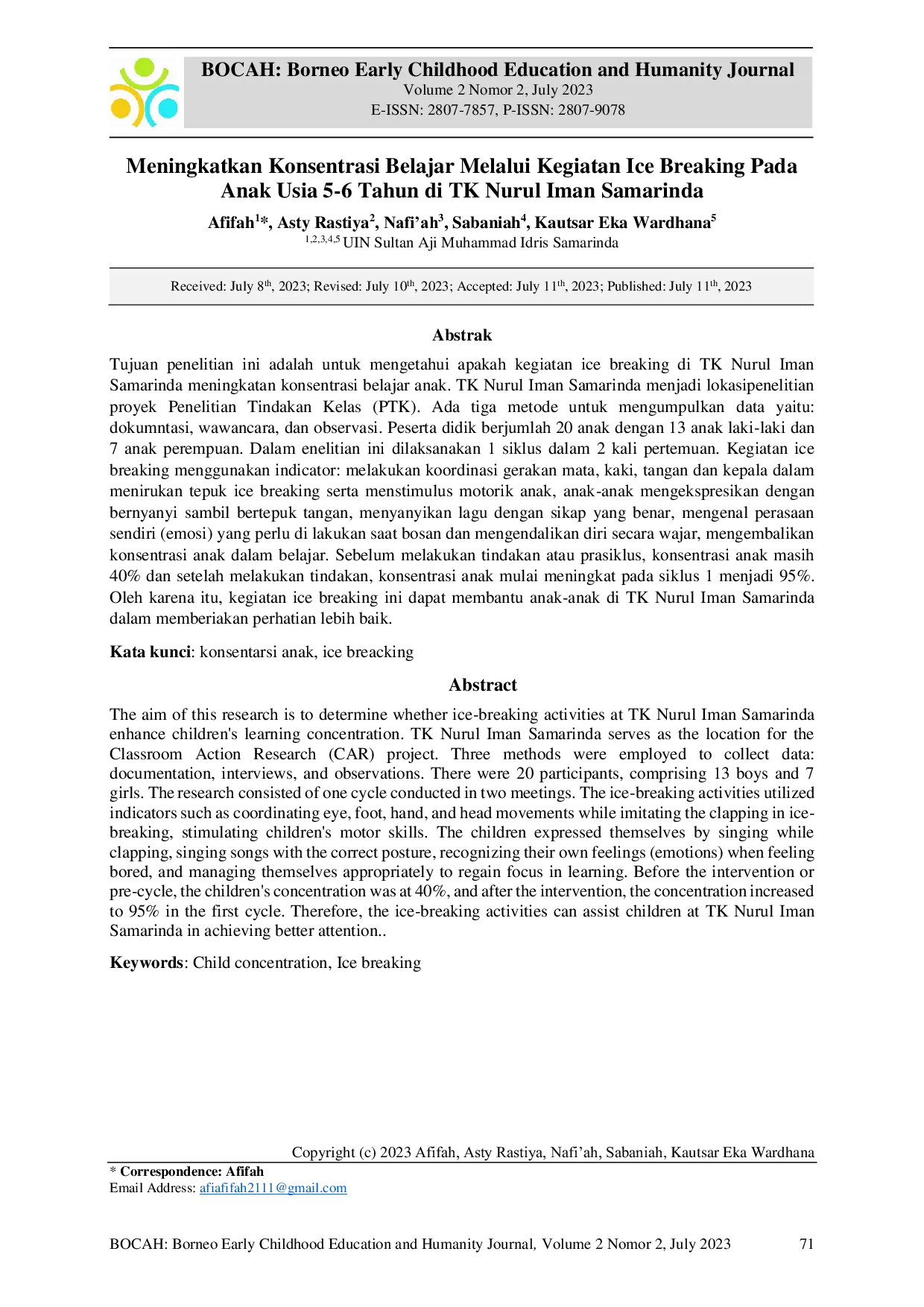 JURIS Meningkatkan Konsentrasi Belajar Melalui Kegiatan Ice Breaking Pada Anak Usia 5 6 Tahun di TK Nurul Iman Samarinda