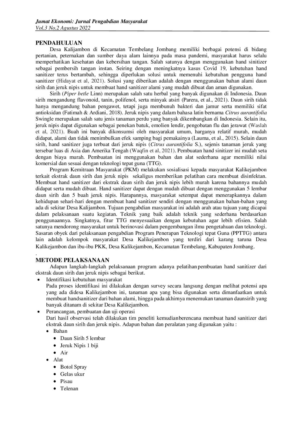 JURIS Inovasi Masyarakat Desa Kalikejambon dalam Pembuatan Hand Sinitizer dengan Menerapkan Teknologi Tepat Guna