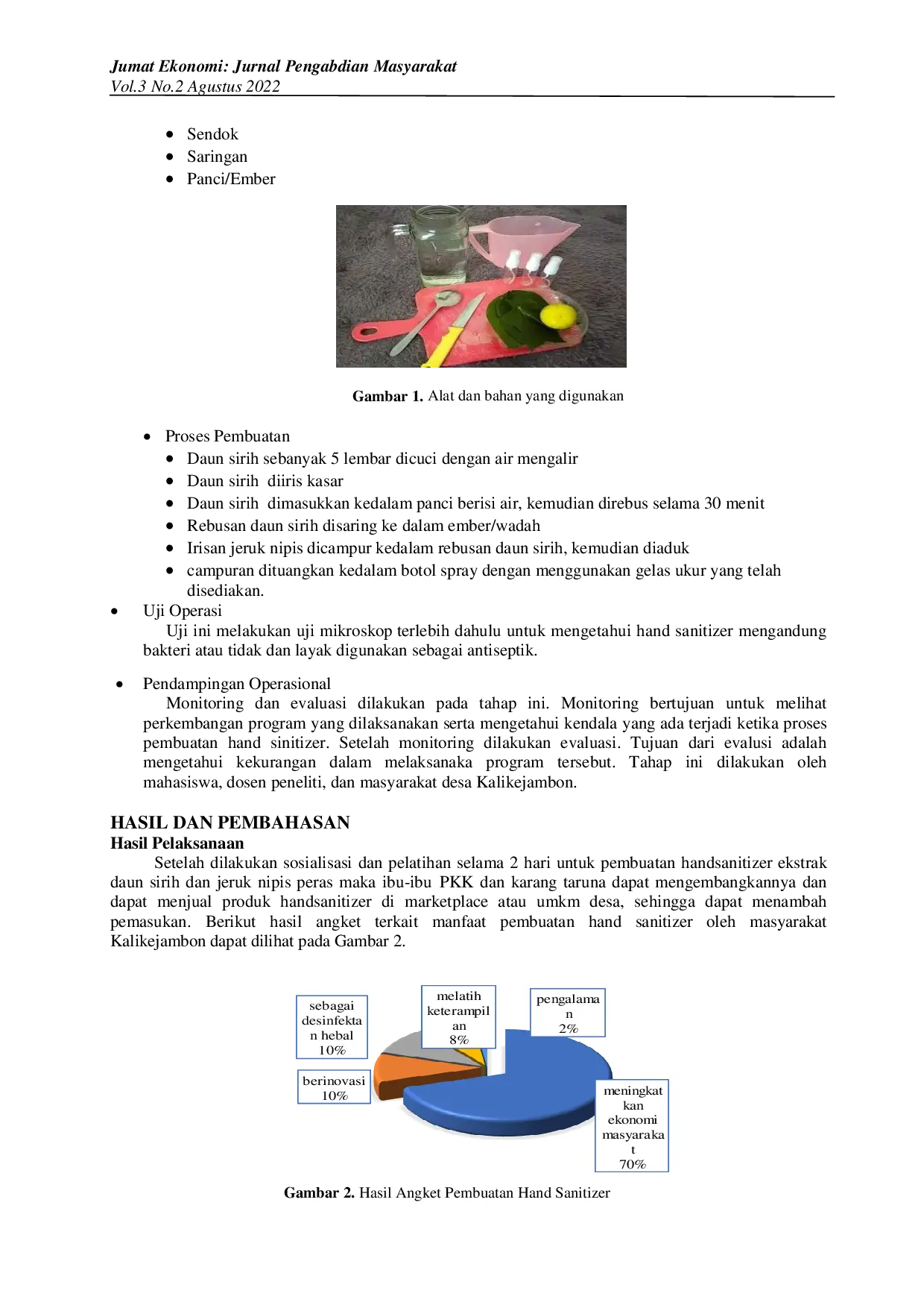 JURIS Inovasi Masyarakat Desa Kalikejambon dalam Pembuatan Hand Sinitizer dengan Menerapkan Teknologi Tepat Guna