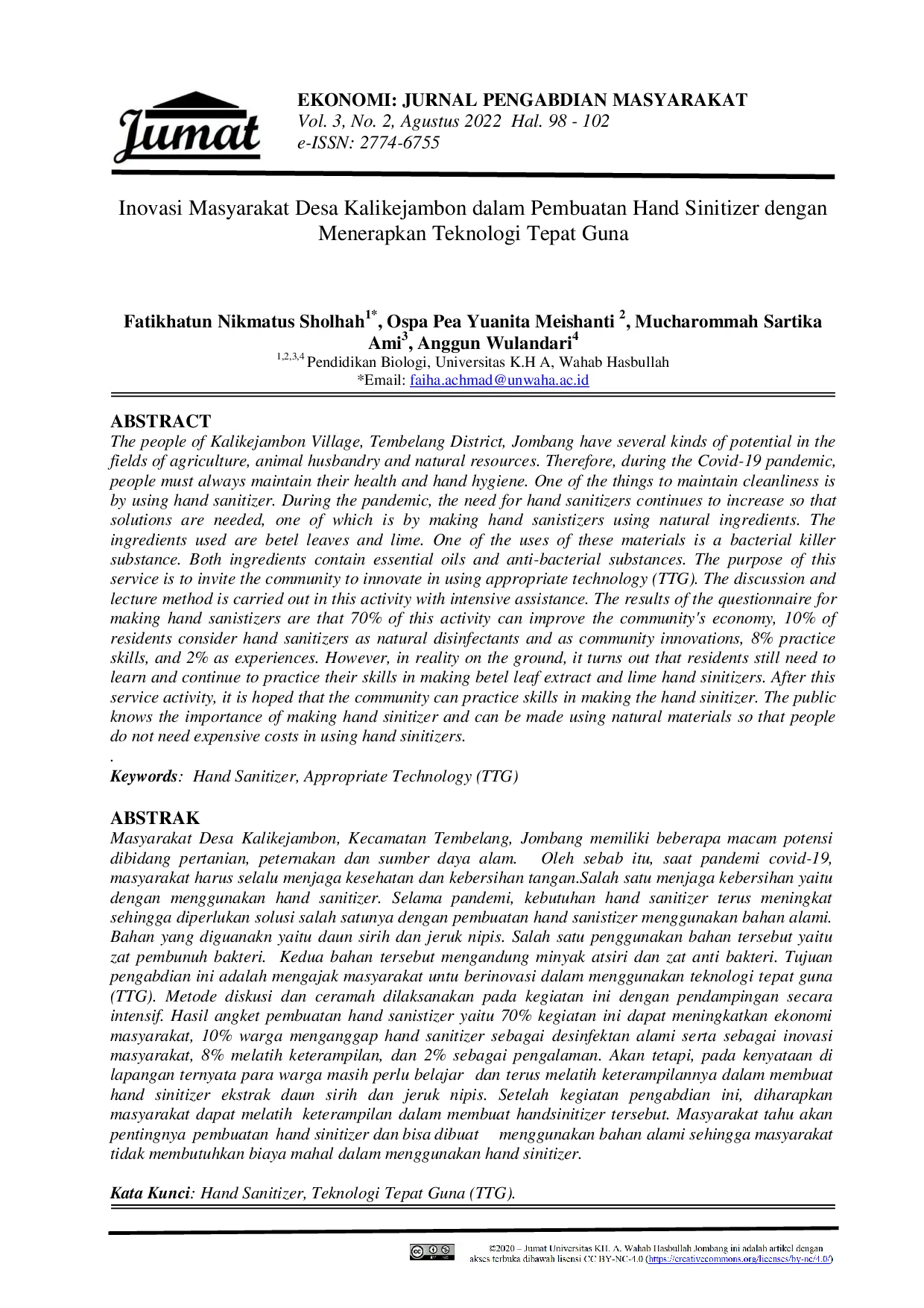 JURIS Inovasi Masyarakat Desa Kalikejambon dalam Pembuatan Hand Sinitizer dengan Menerapkan Teknologi Tepat Guna